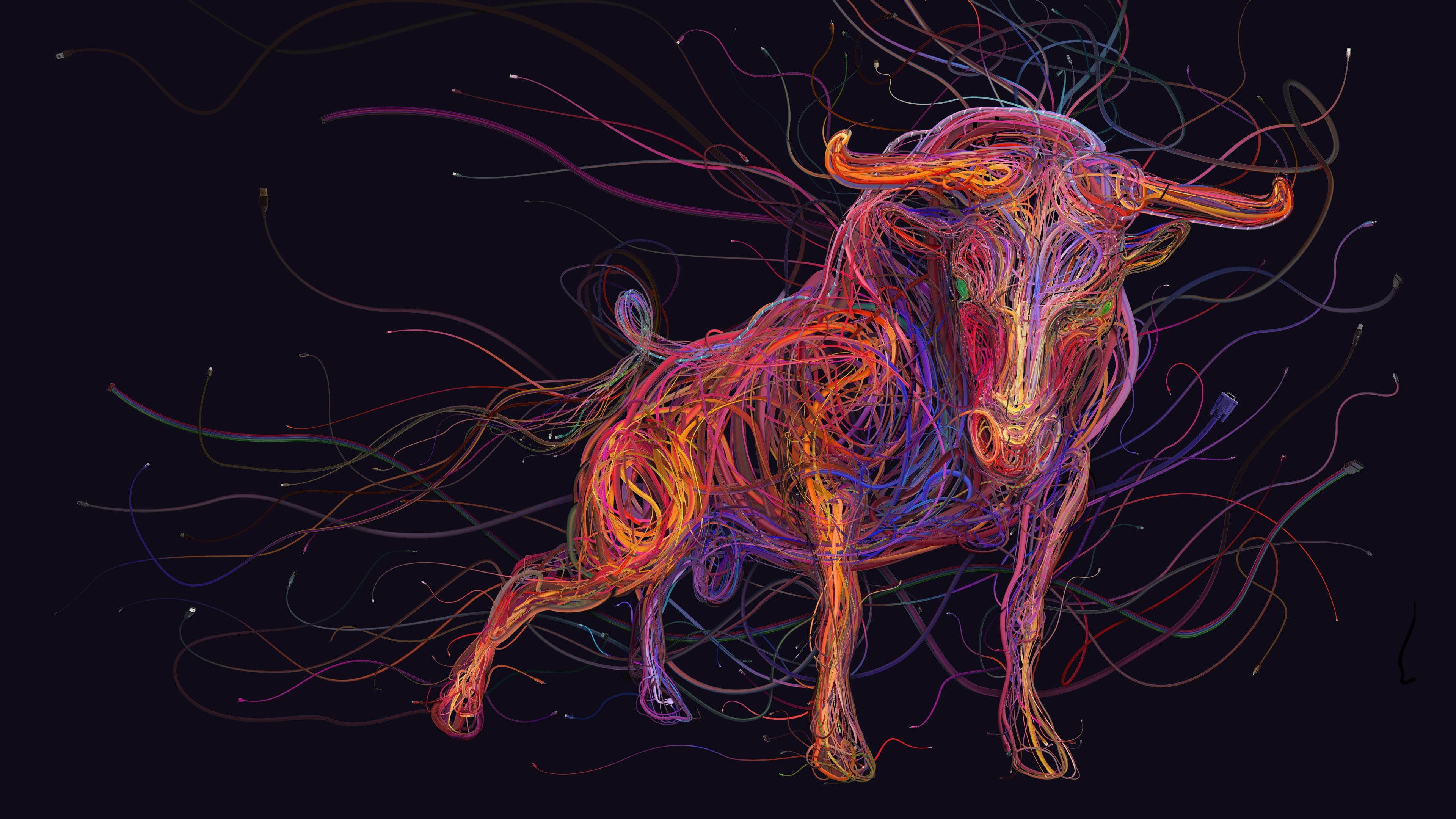 Neon Ox, swirling neon lines, dark background, 4K Desktop Wallpaper