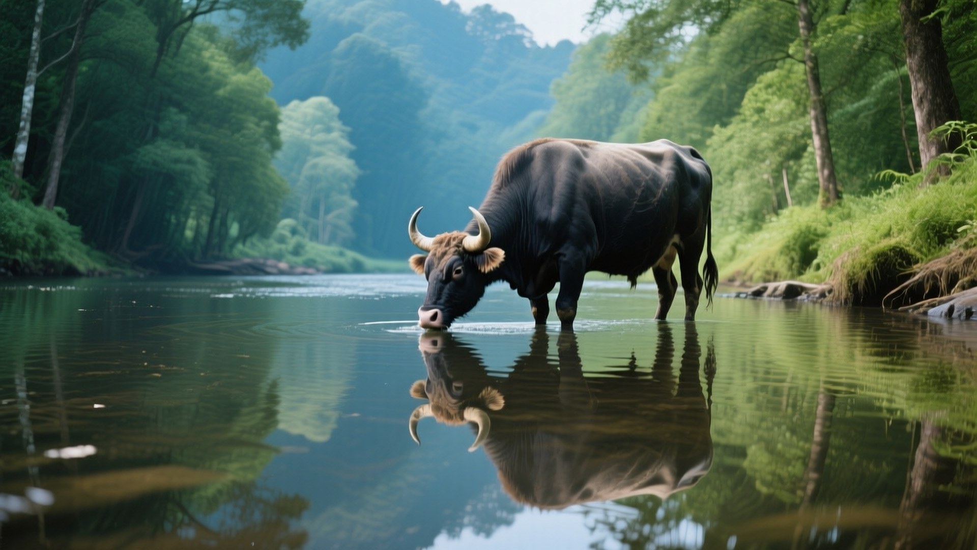 Ox, black bull, curved horns, Full HD Desktop Wallpaper