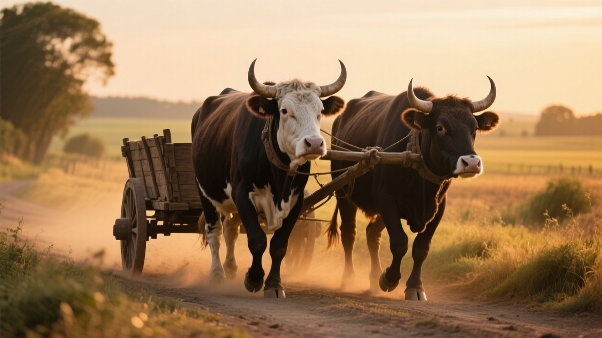 oxen, wooden cart, dusty rural road, Full HD Desktop Wallpaper