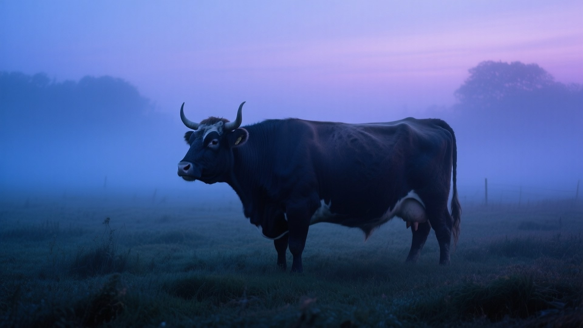 Twilight Ox, black bull, curved horns, Full HD Desktop Wallpaper