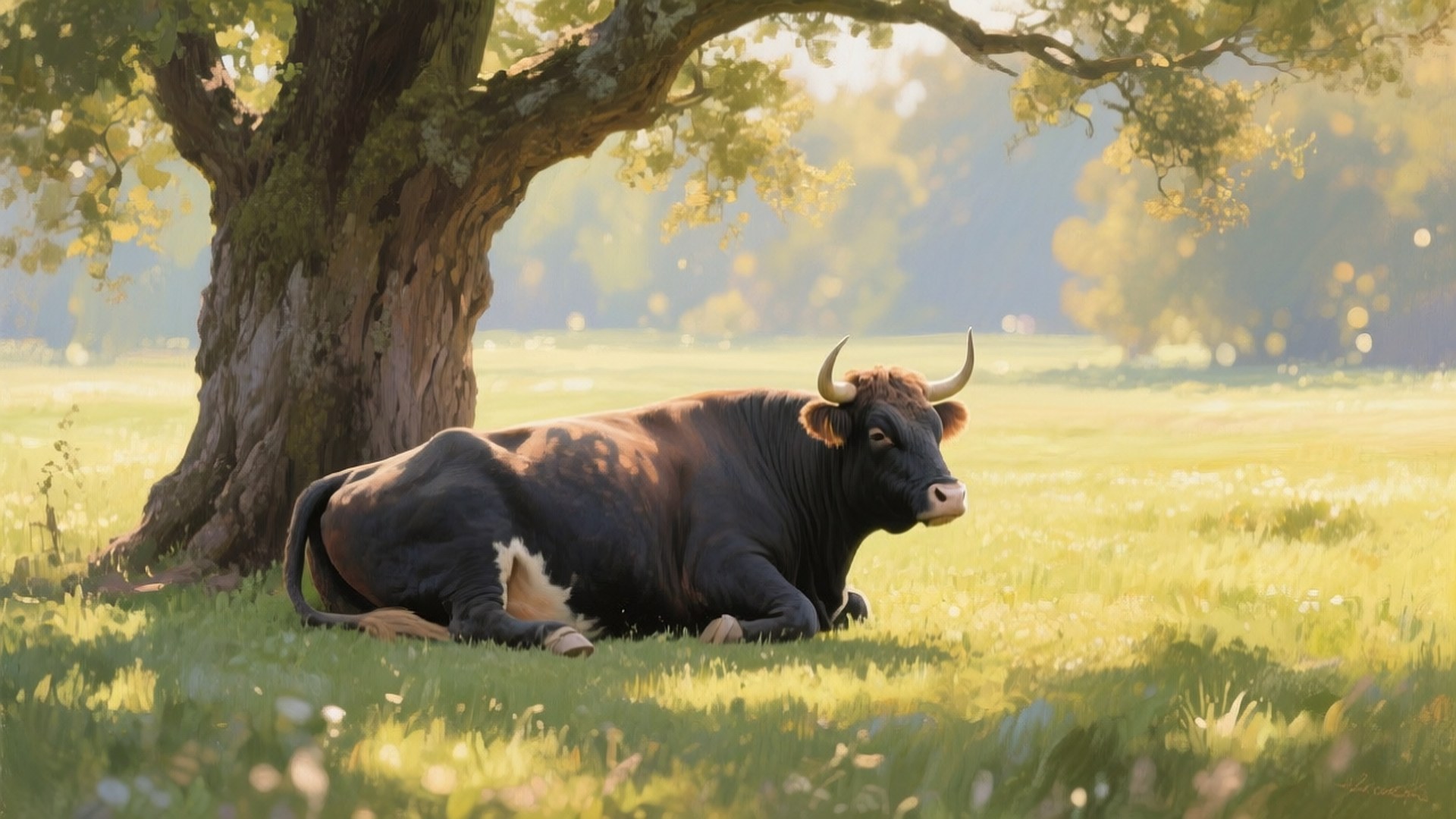 Ox, black bull, curved horns, Full HD Desktop Wallpaper