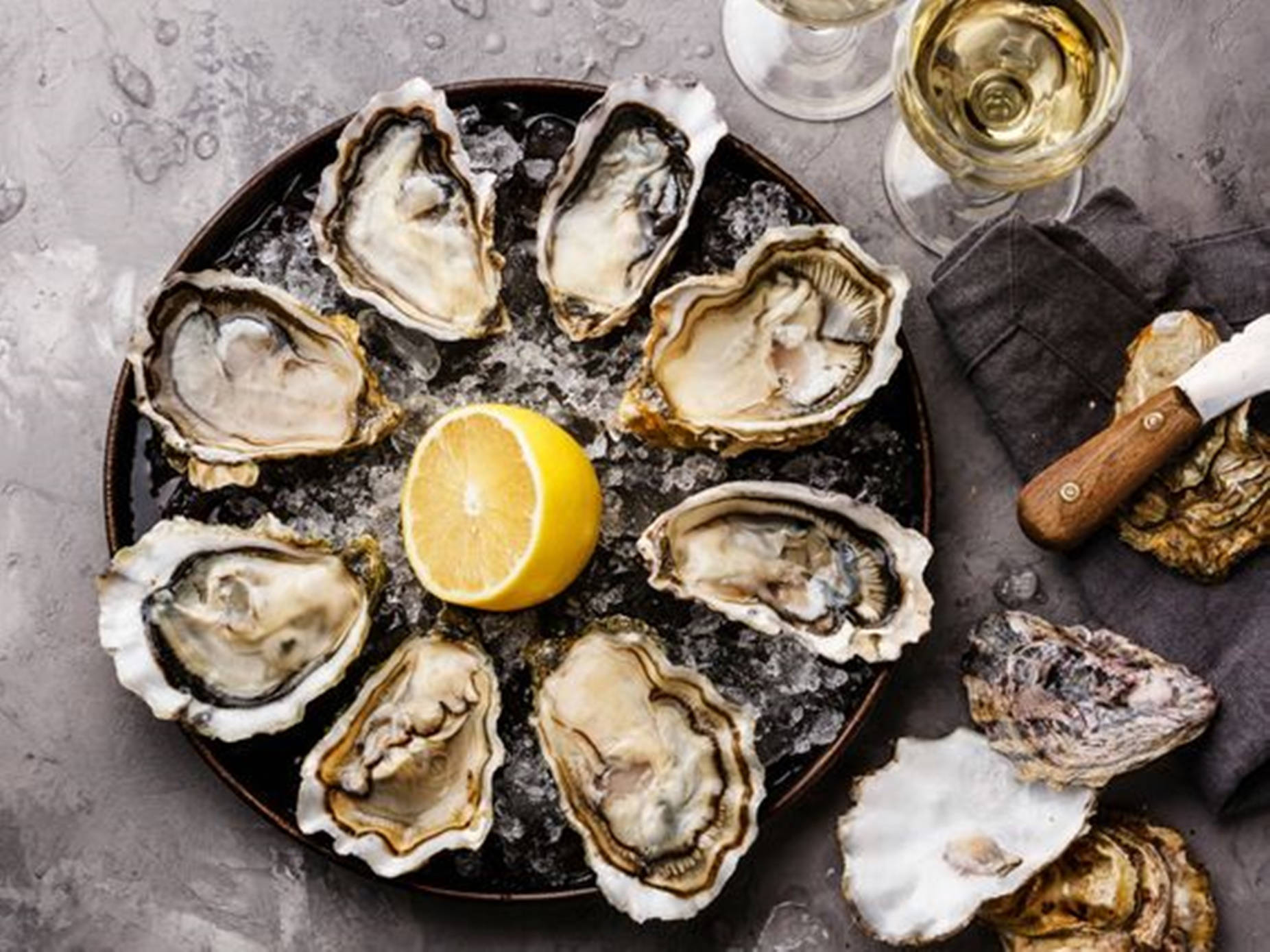 Oyster, wine, lemon wedge, HD Desktop Wallpaper