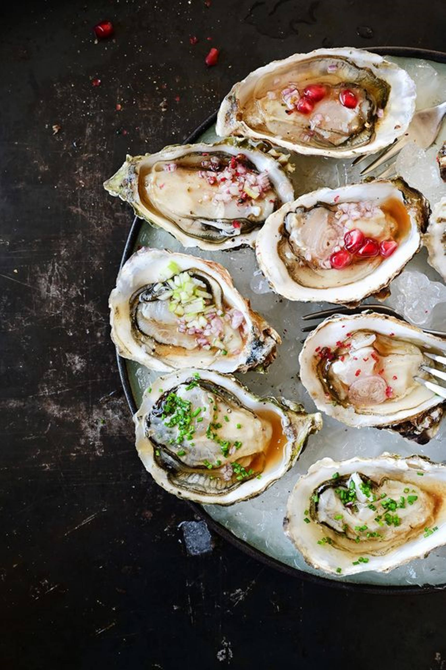 oyster, pomegranate seeds, chives, 2K Phone Wallpaper