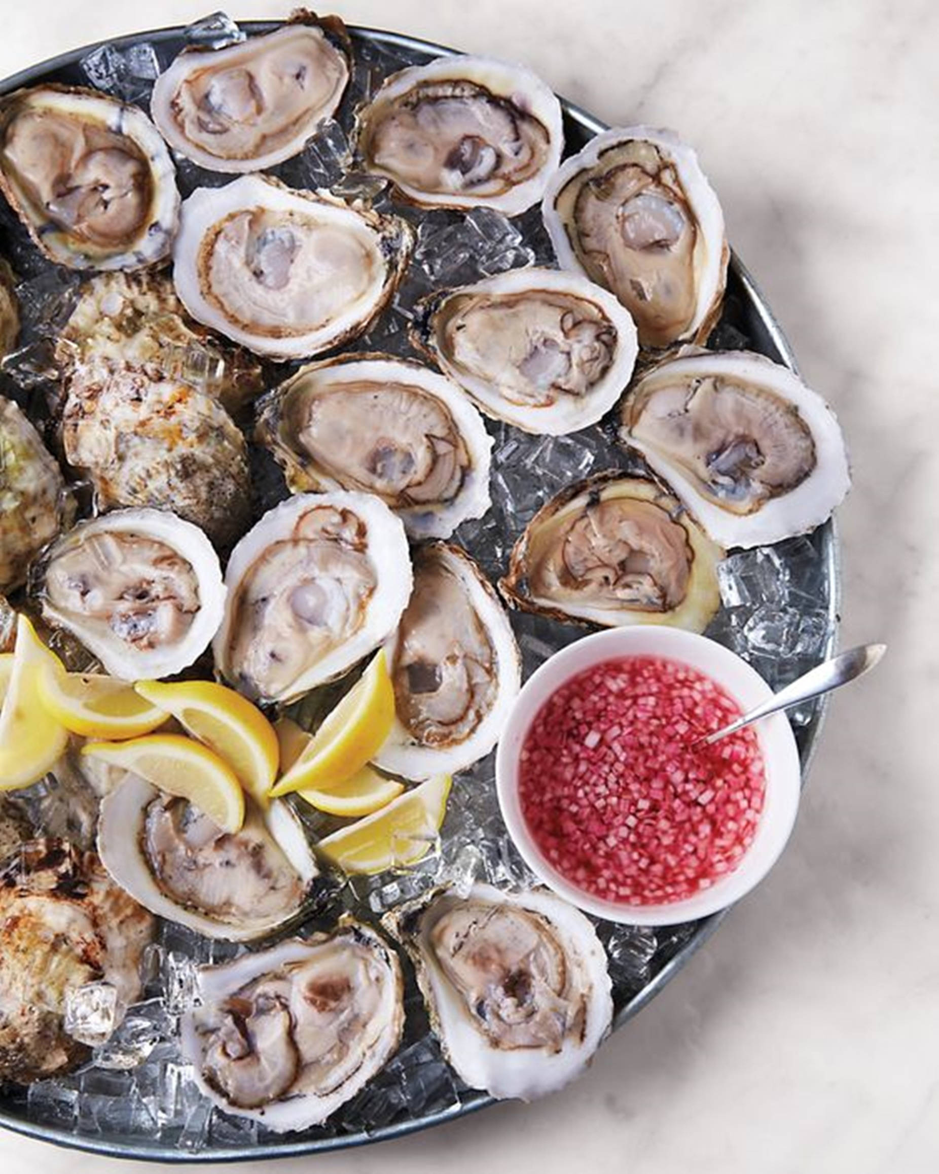 Oyster Recipe Mignonette Sauce, crushed ice, lemon wedges, Full HD Phone Wallpaper