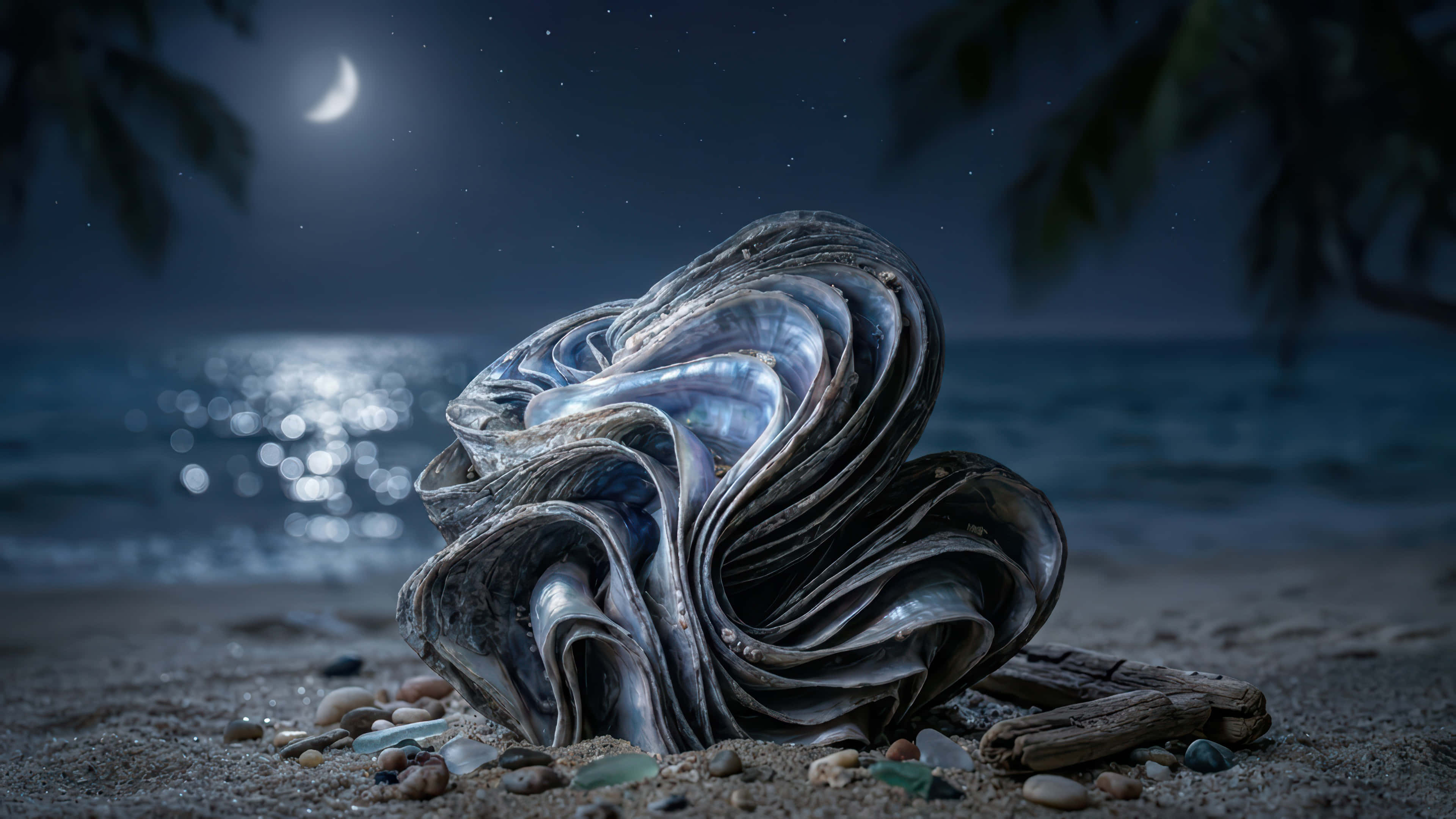 Oyster, beach, moonlit, 4K Desktop Wallpaper