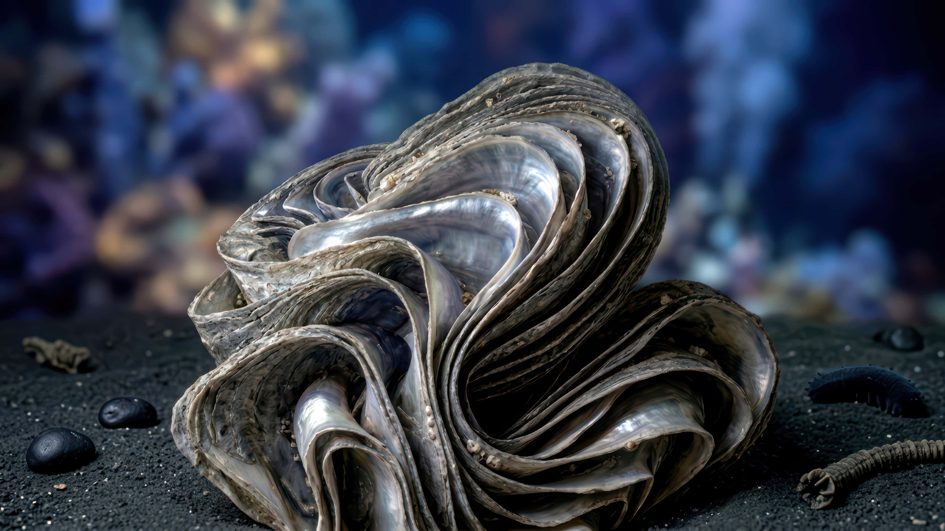 Oyster, deep sea, iridescent inner layers, 2K Desktop Wallpaper