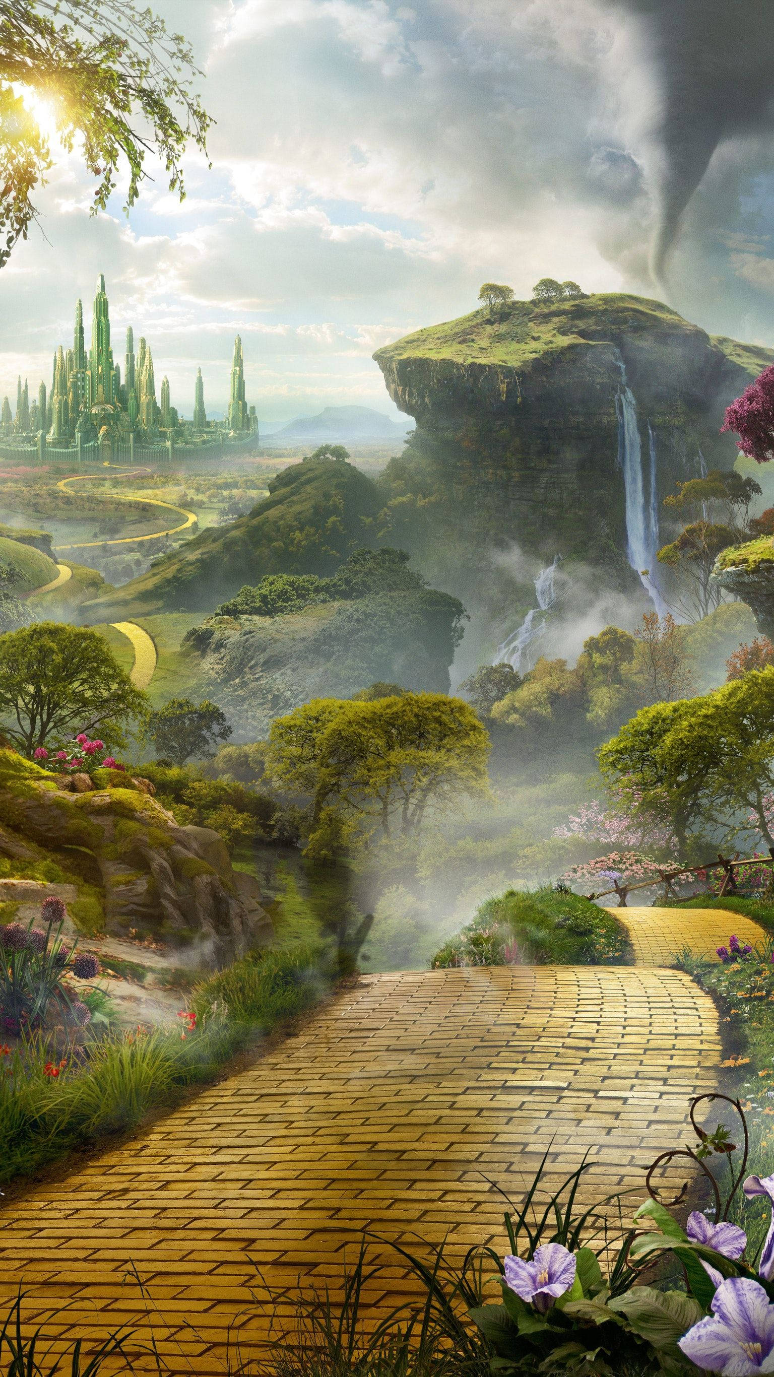 Oz The Great And Powerful, golden brick path, lush fantasy landscape, 2K Phone Wallpaper