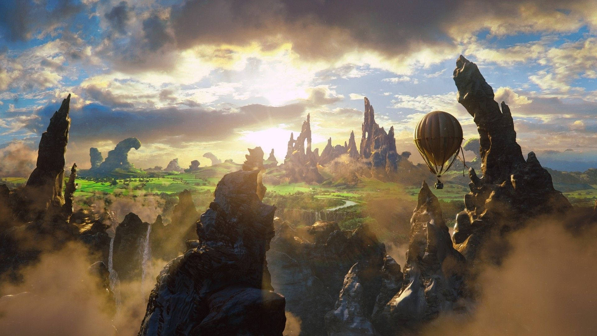Oz The Great And Powerful, hot air balloon, towering rock spires, Full HD Desktop Wallpaper