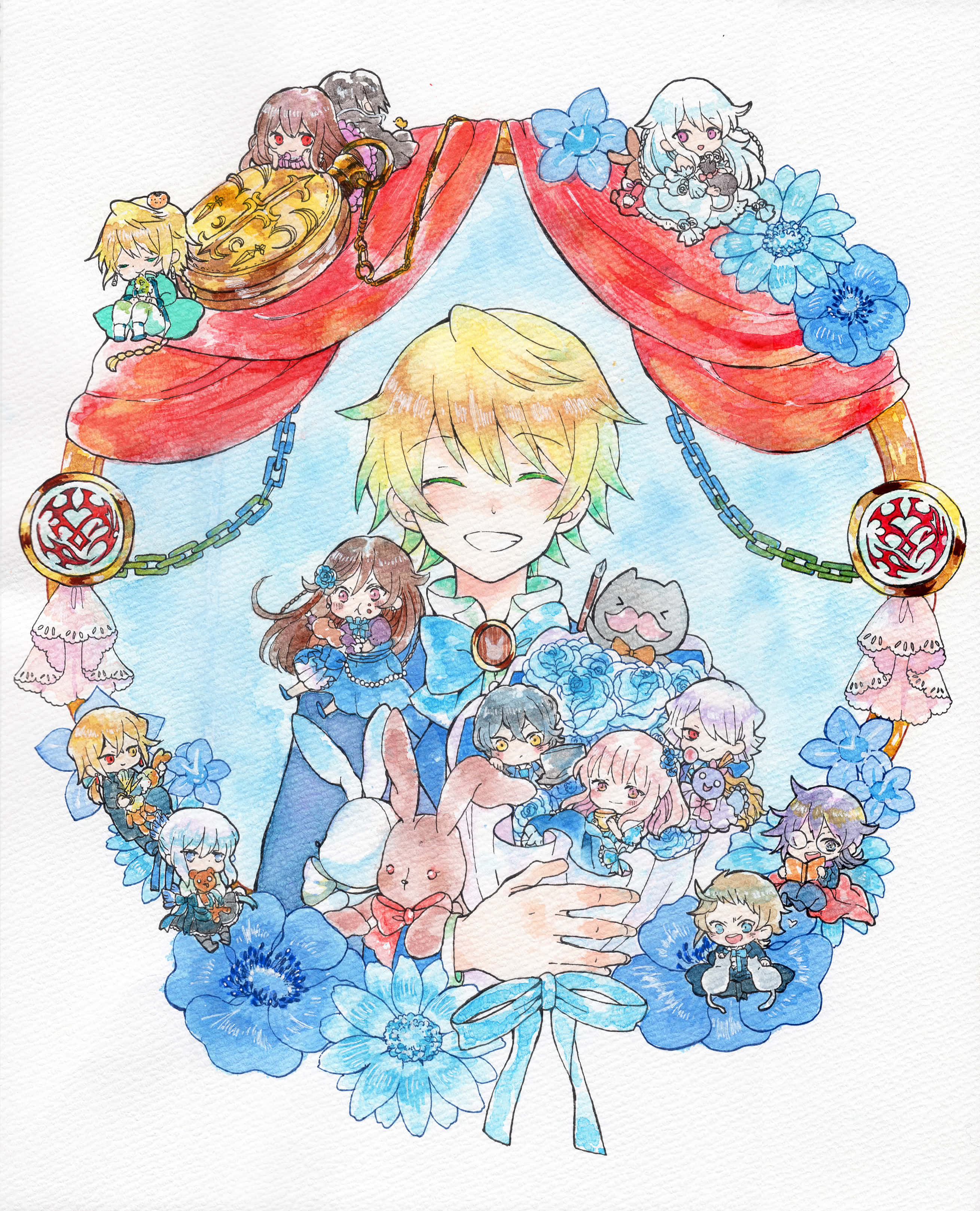 Oz Vessalius, chibi characters, blue flowers, 2K Phone Wallpaper