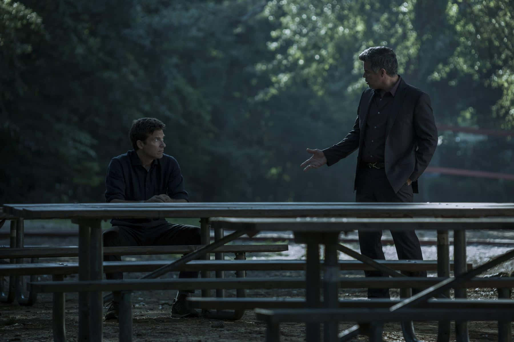 Ozark, main characters, dimly lit outdoor picnic area, HD Desktop Wallpaper