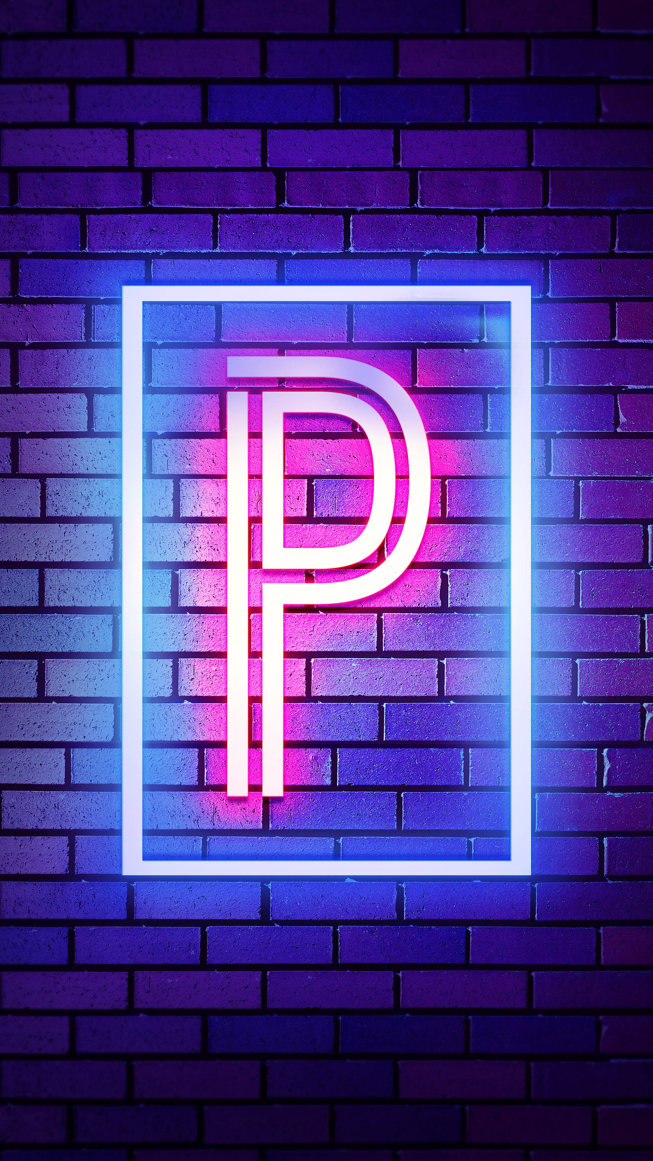 neon letter P, pink and blue, dark purple brick wall, 4K Phone Wallpaper