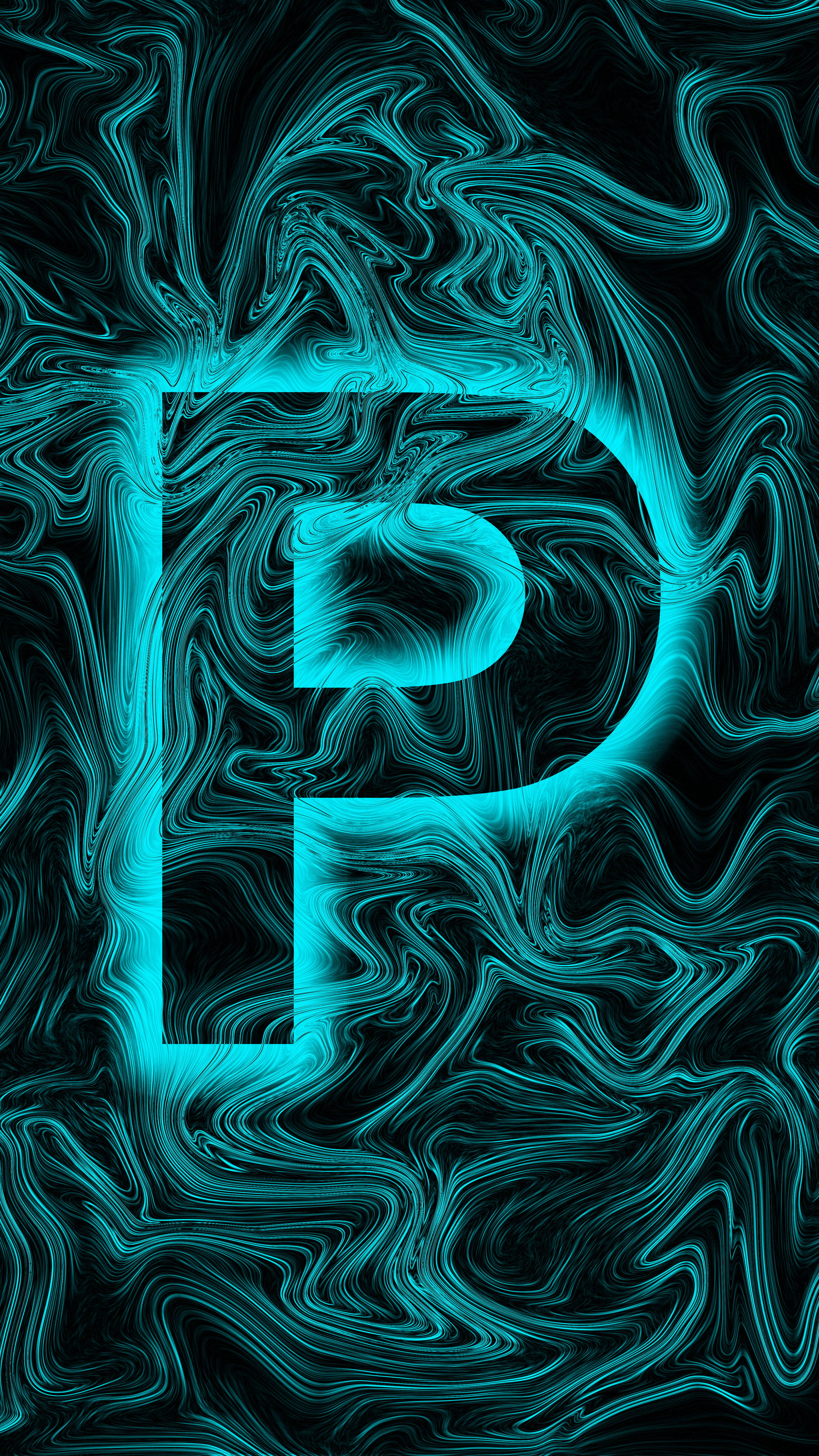 glowing cyan letter P, swirling dark teal and black liquid-like patterns, digital abstract design, 5K Phone Wallpaper