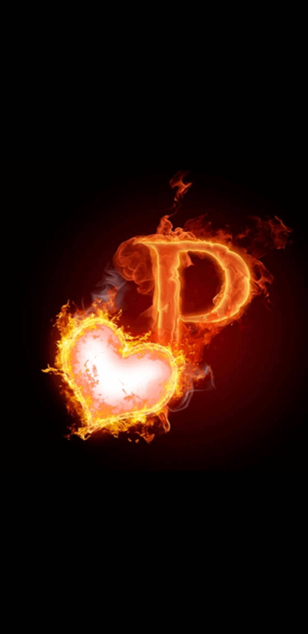P letter, burning heart, swirling flames, Full HD Phone Wallpaper