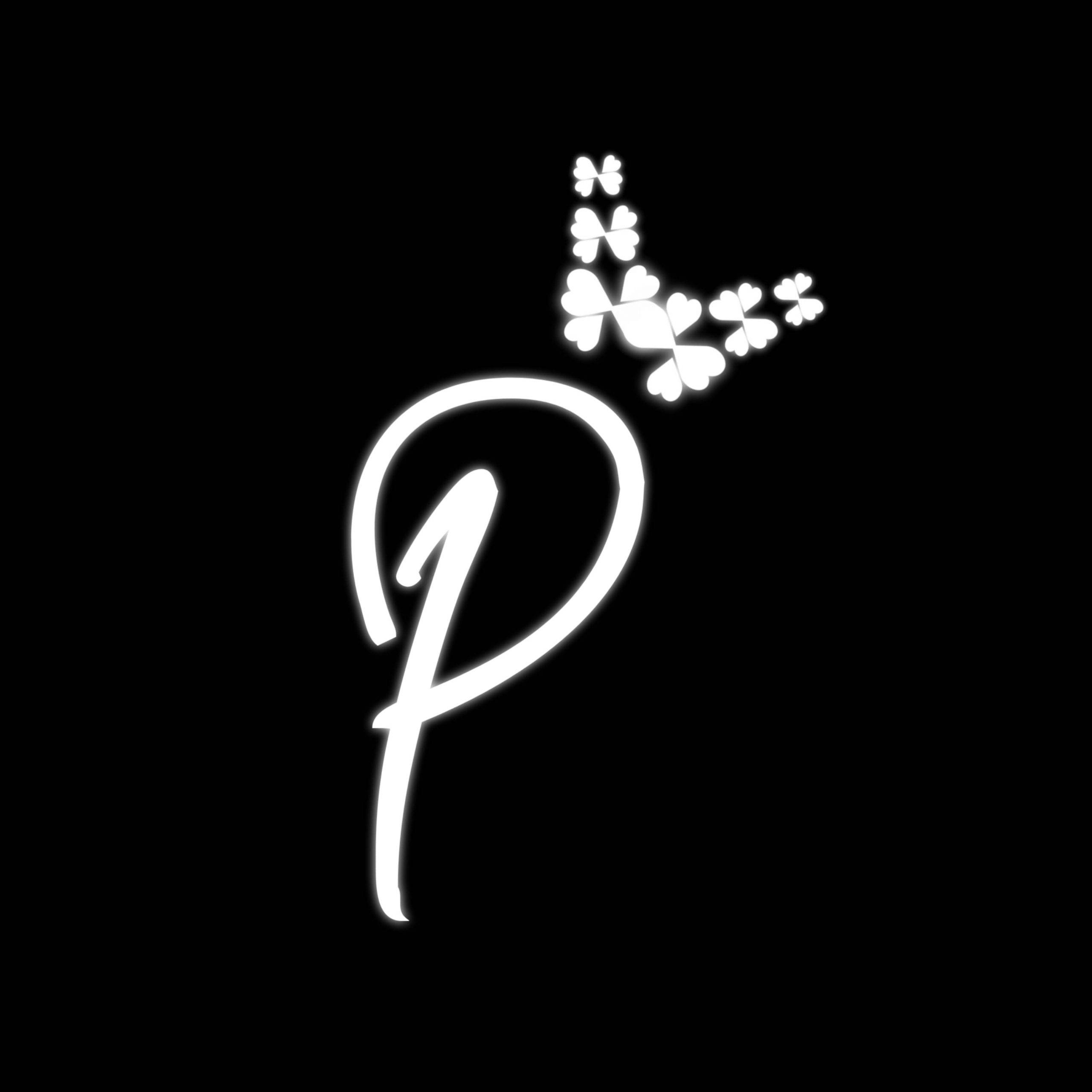 glowing white stylized letter P, heart-shaped clovers, black background, 2K Desktop Wallpaper
