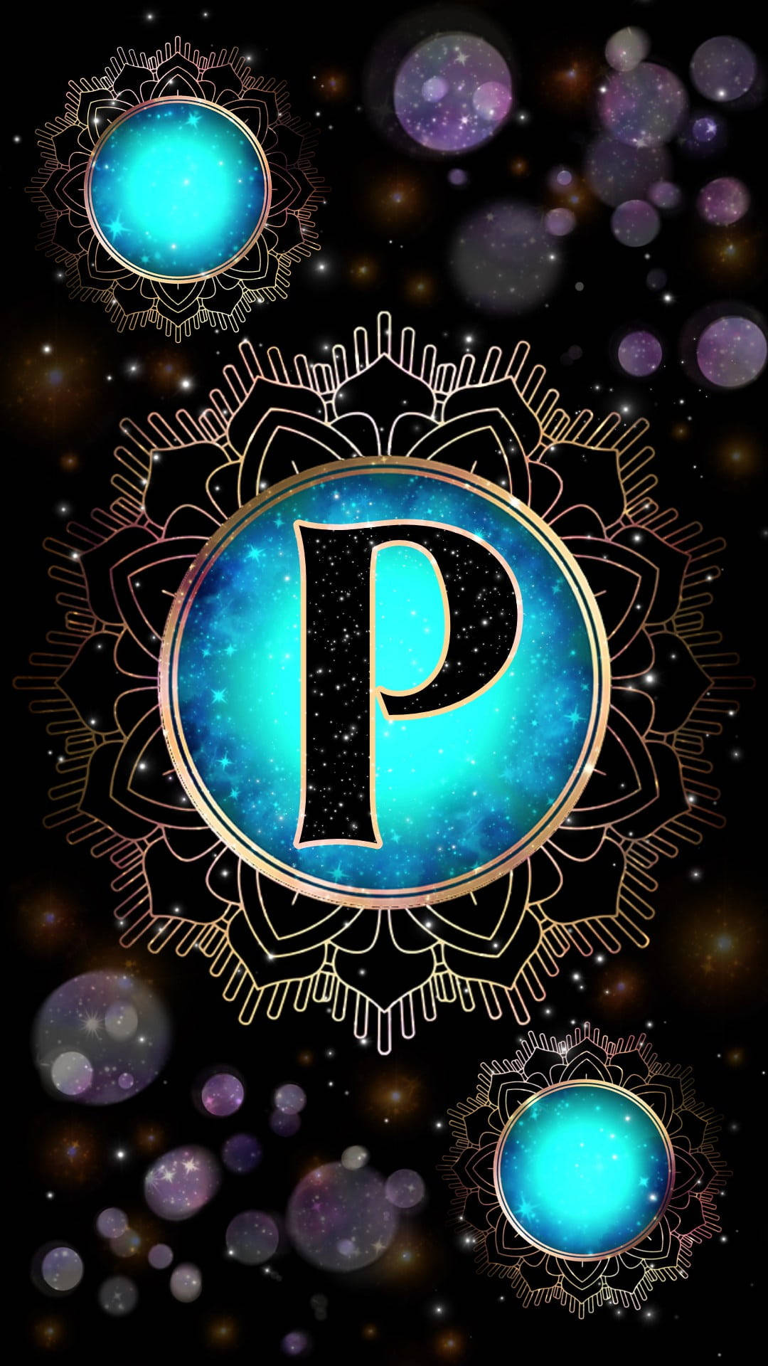 Mandala Letter P, glowing blue galaxy sphere, ornate mandala patterns, Full HD Phone Wallpaper