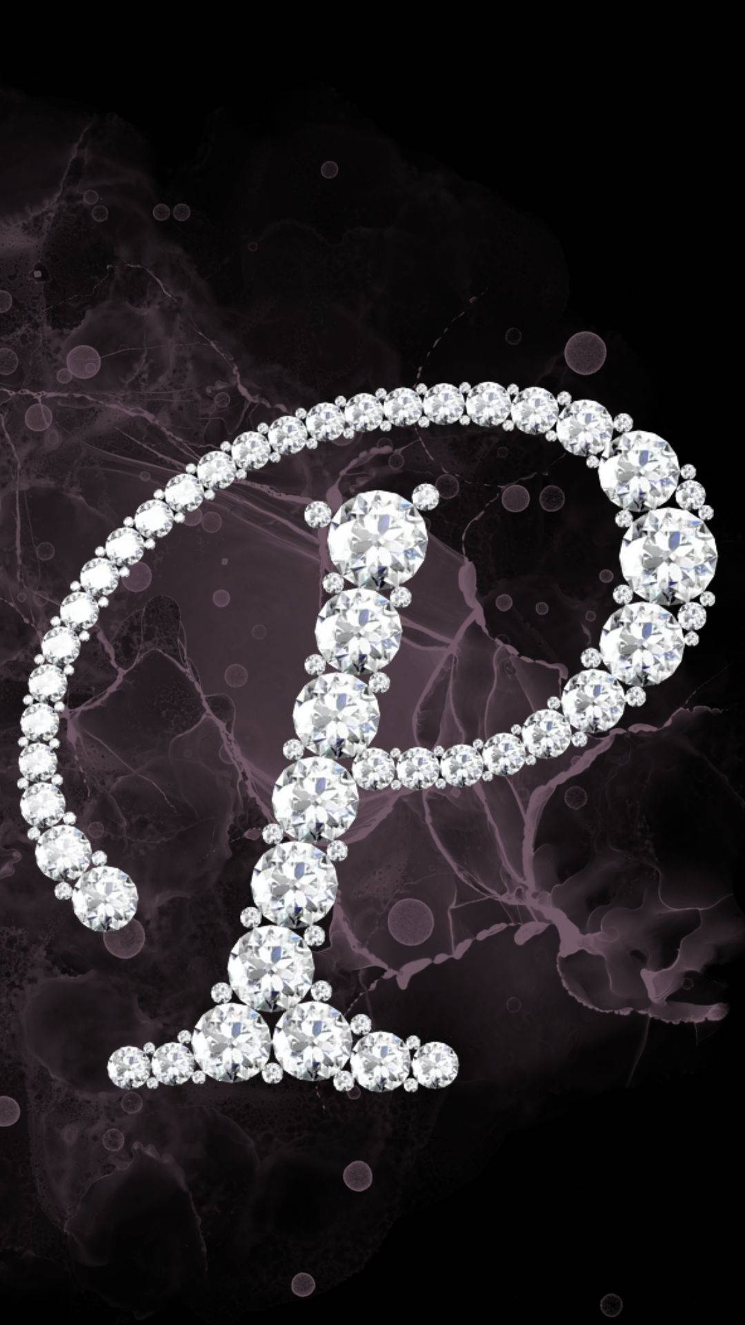 diamond-studded letter P, dark purple marbled background, floating orbs, Full HD Phone Wallpaper