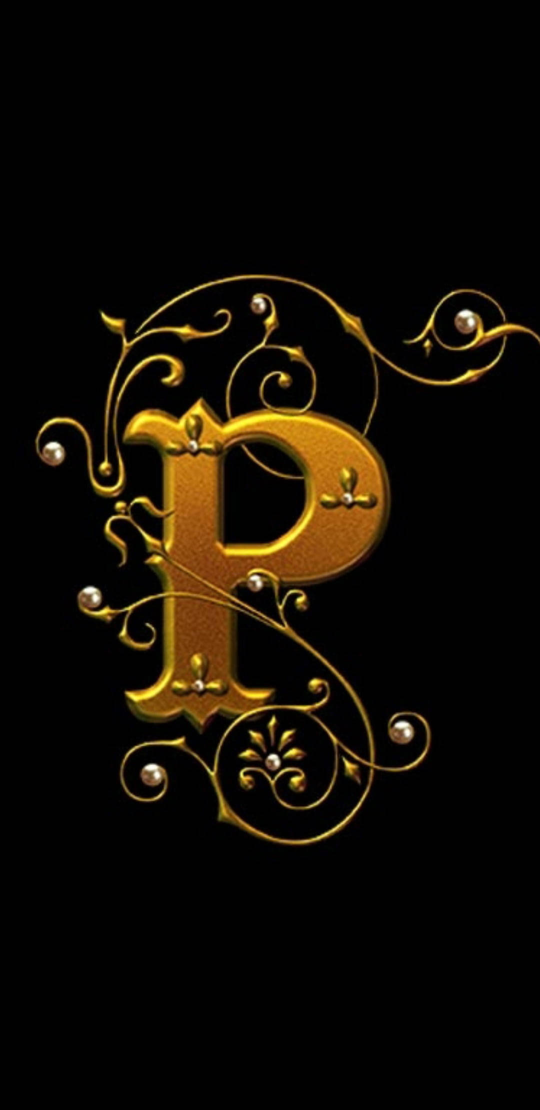 golden ornate letter P, swirling filigree, pearl accents, Full HD Phone Wallpaper