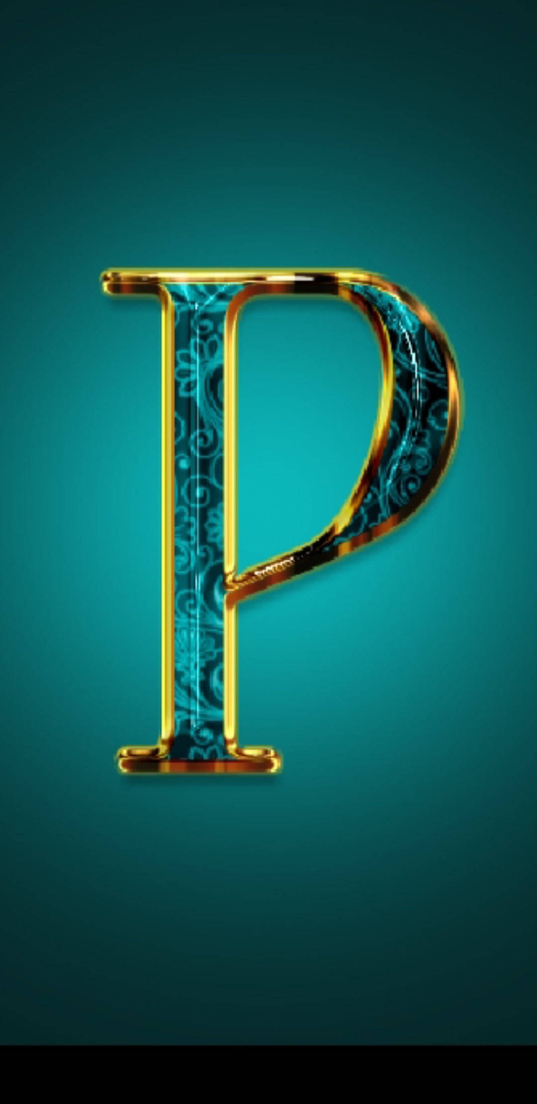 Teal Letter P, golden letter P, blue filigree patterns, Full HD Phone Wallpaper