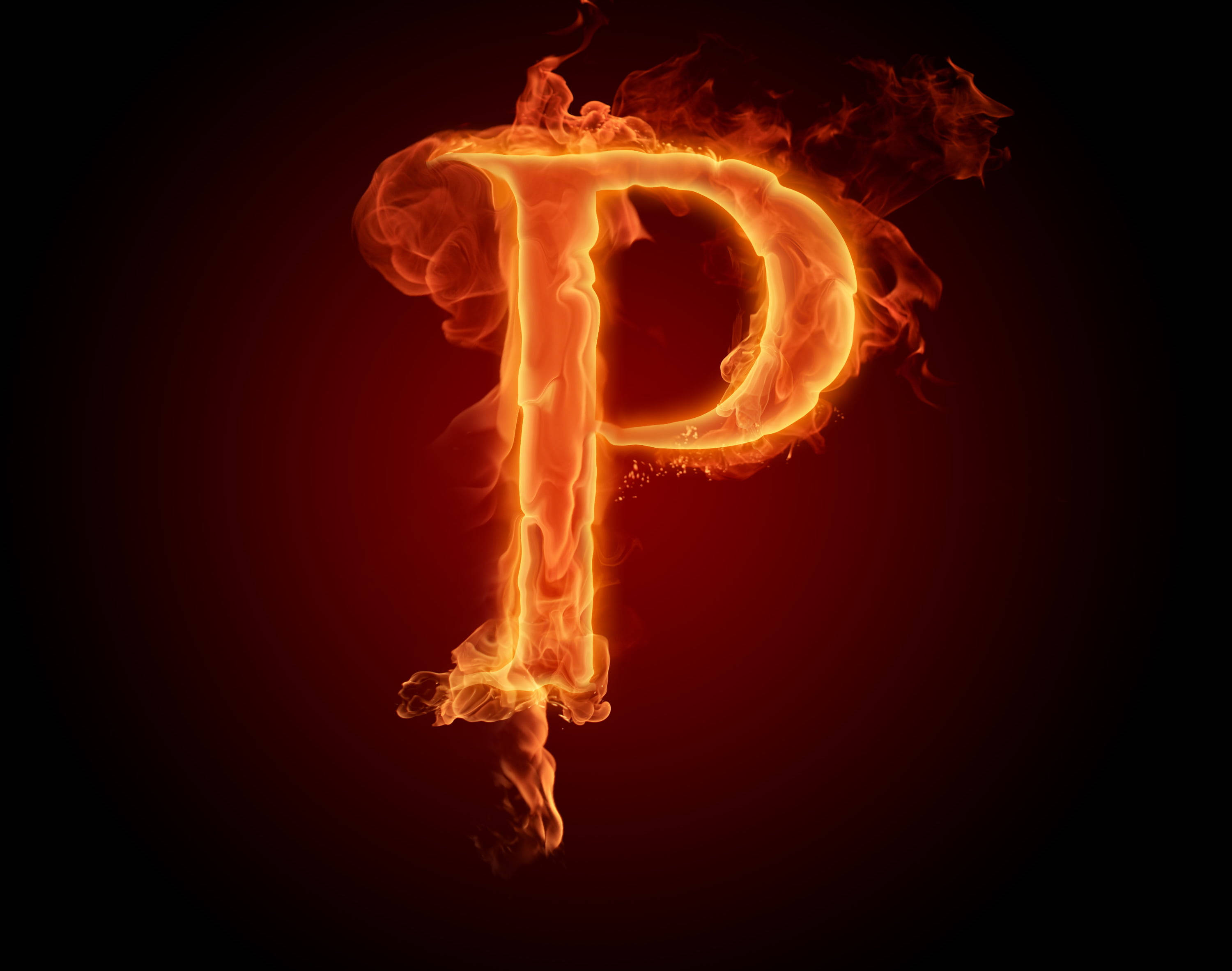 Letter P, flame, glowing orange flames, 2K Desktop Wallpaper