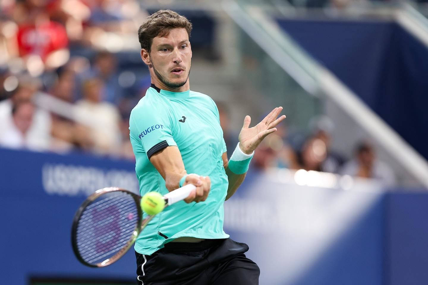 Pablo Carreno Busta, teal shirt, bright yellow ball, HD Desktop Wallpaper