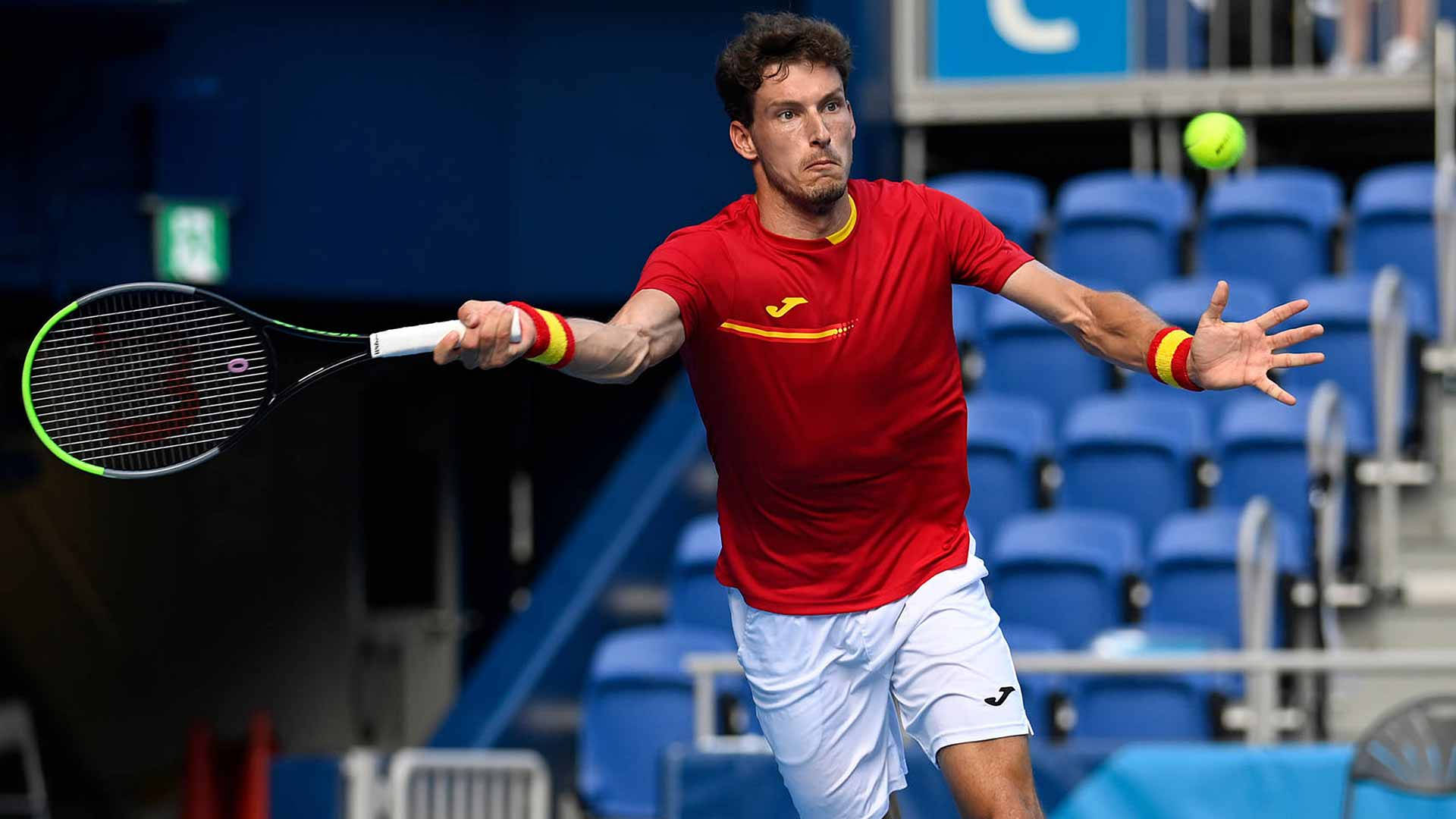 Pablo Carreno Busta, red shirt, white shorts, Full HD Desktop Wallpaper