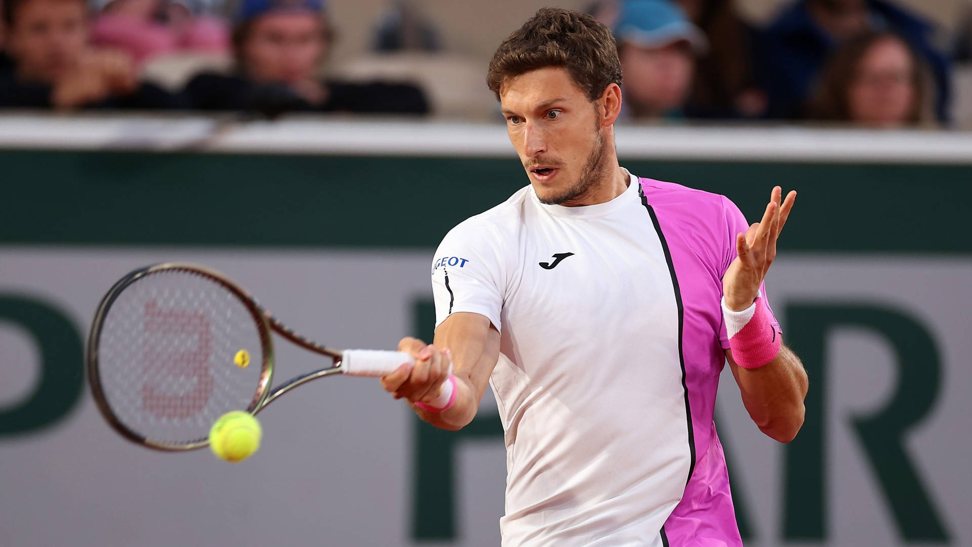 Pablo Carreno Busta, white and pink shirt, yellow ball, Full HD Desktop Wallpaper