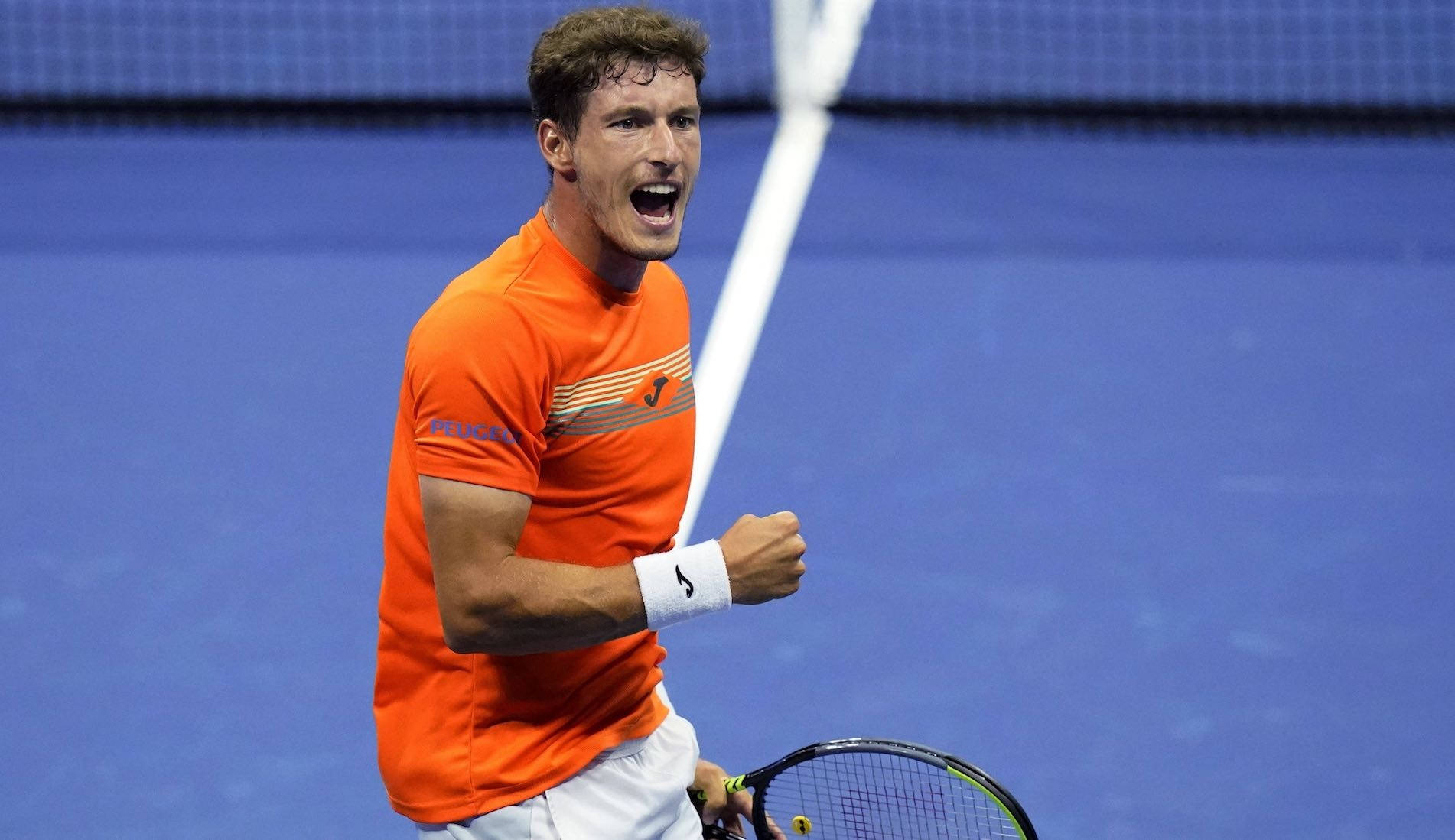 Pablo Carreno Busta, orange shirt, blue court, HD Desktop Wallpaper