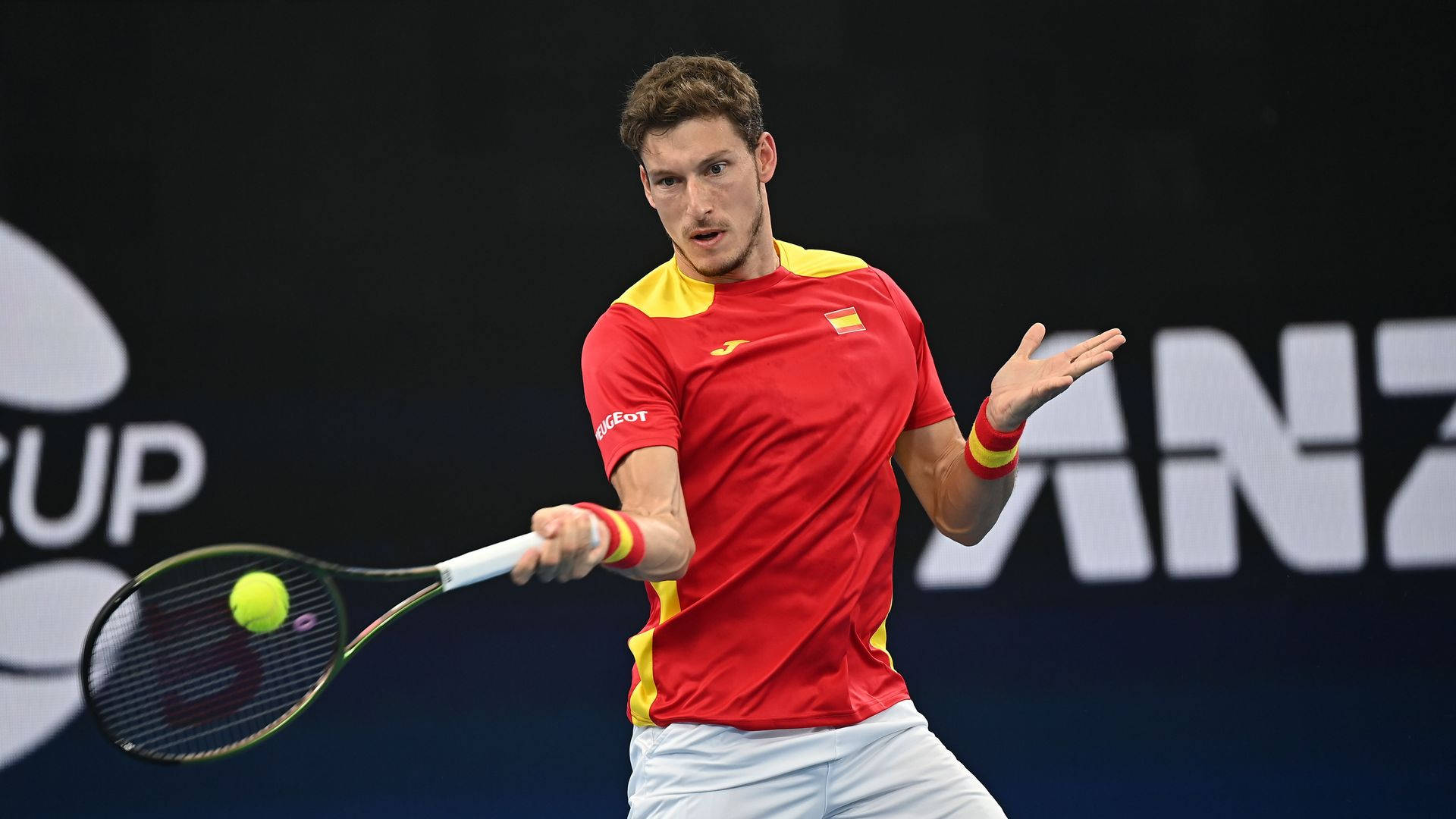 Pablo Carreno Busta, red and yellow Spain jersey, racket, Full HD Desktop Wallpaper