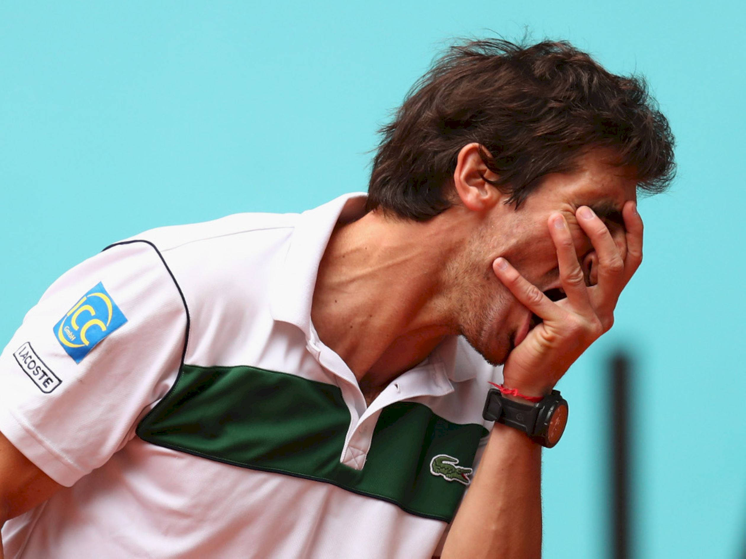 Pablo Cuevas, white and green Lacoste shirt, solid turquoise background, Full HD Desktop Wallpaper