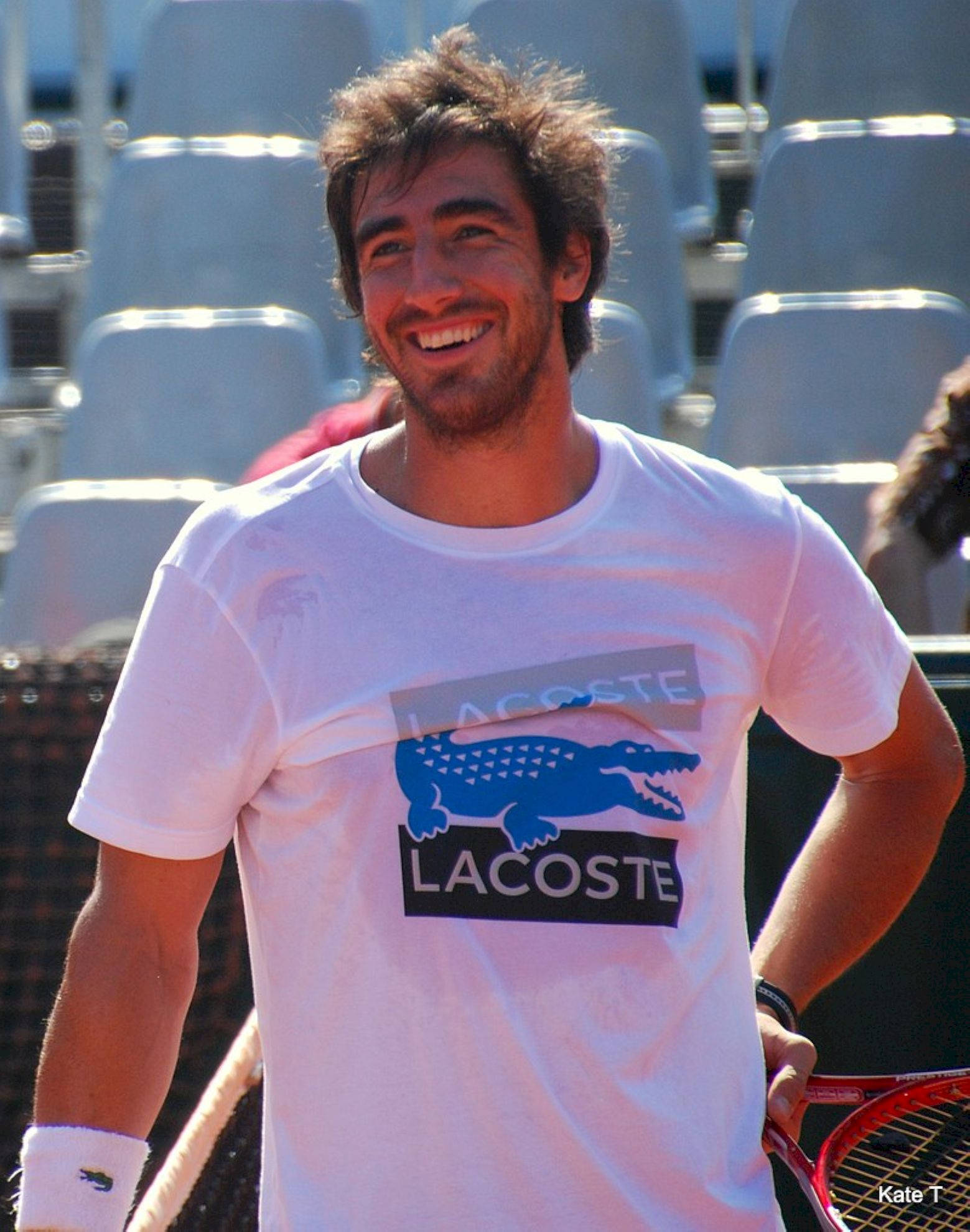 Pablo Cuevas, white Lacoste shirt, racket, Full HD Phone Wallpaper
