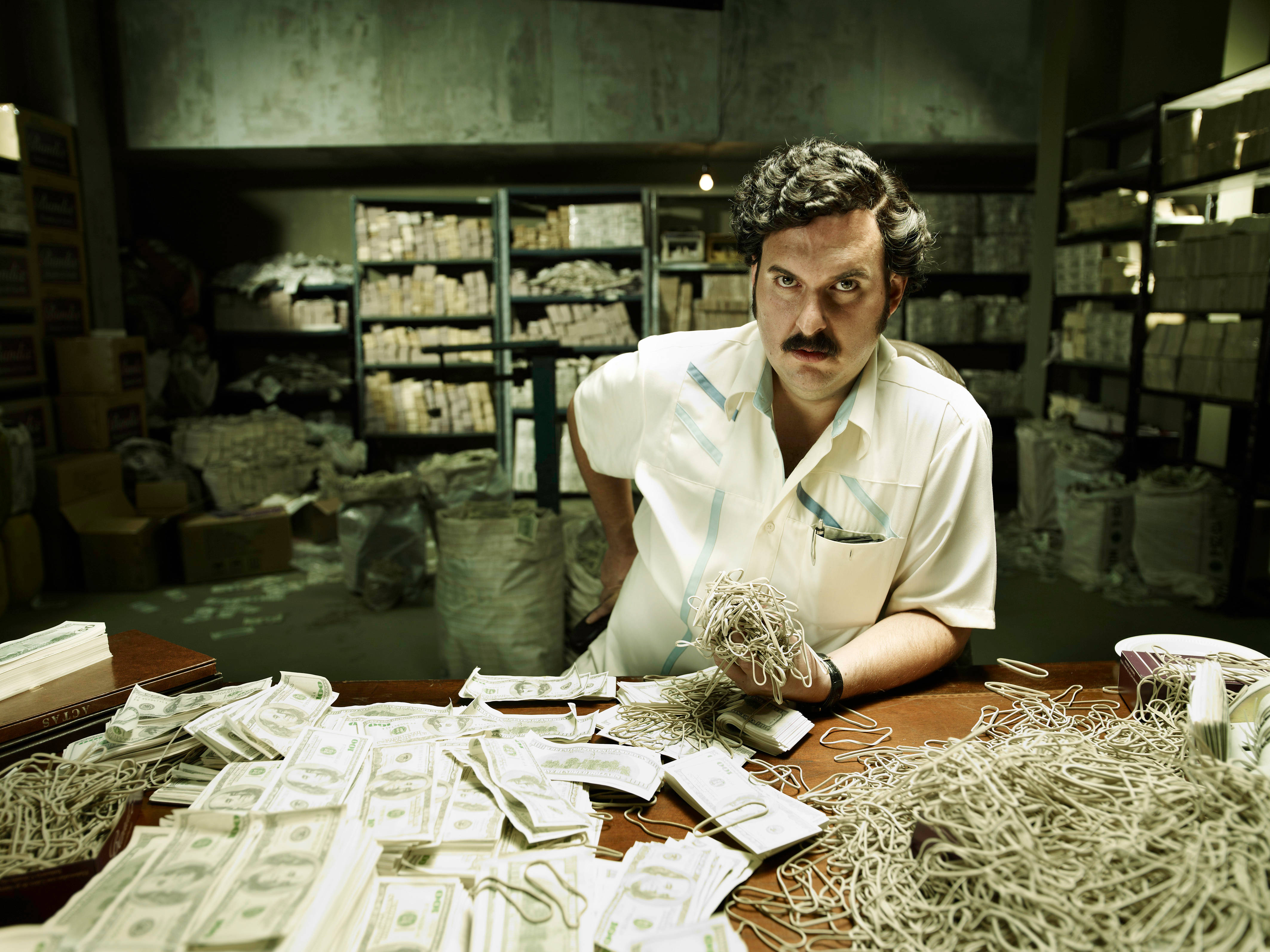 Pablo Escobar, mustache, cluttered desk, 4K Desktop Wallpaper
