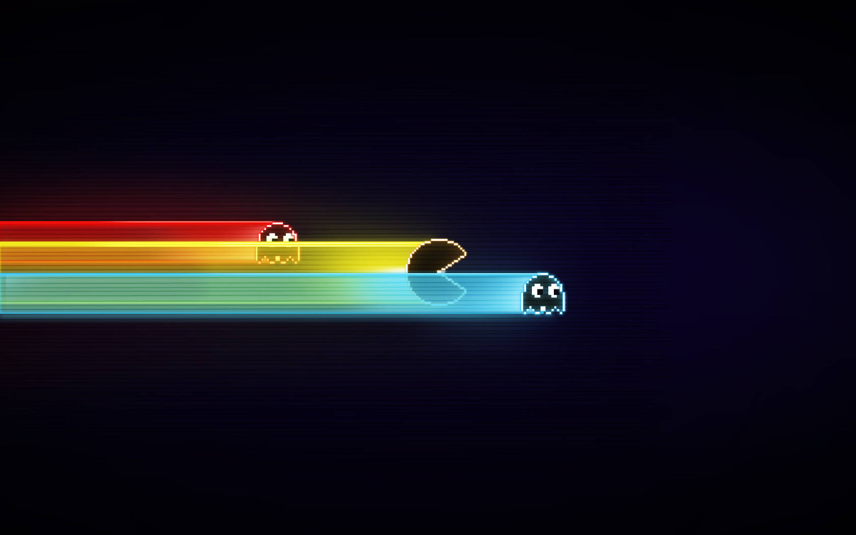 Pac Man, ghosts, glowing rainbow trail, HD Desktop Wallpaper