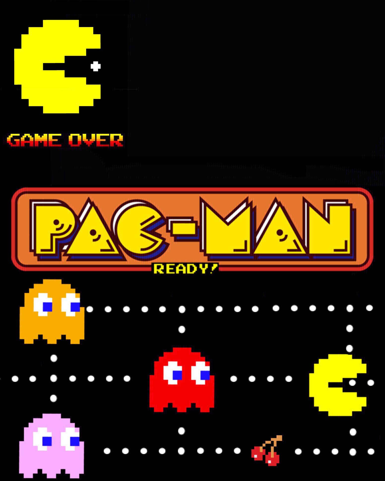 Pac-Man, yellow ghost characters, red text, Full HD Phone Wallpaper