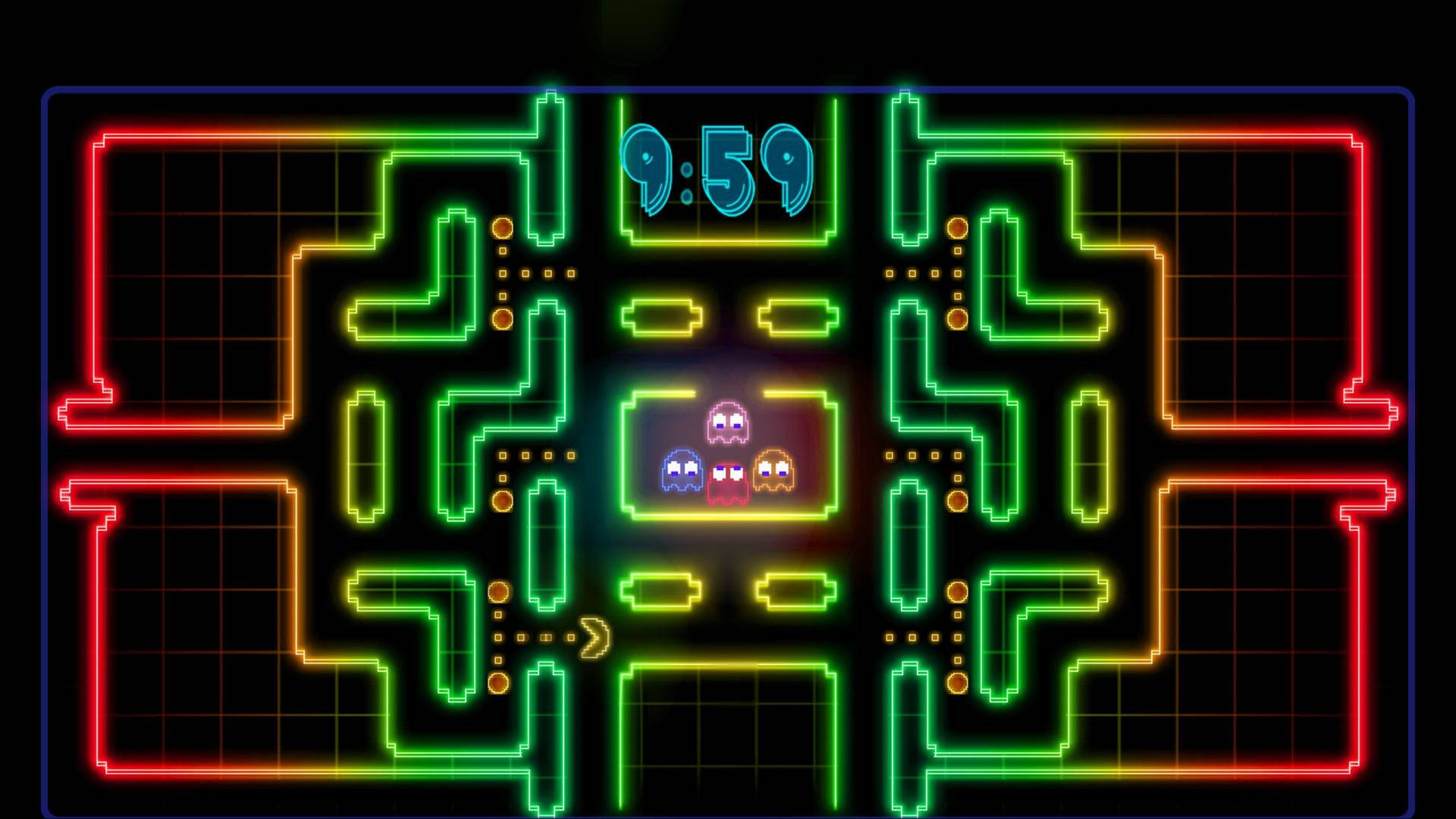 Pac Man, rainbow game interface, neon-lit maze, Full HD Desktop Wallpaper