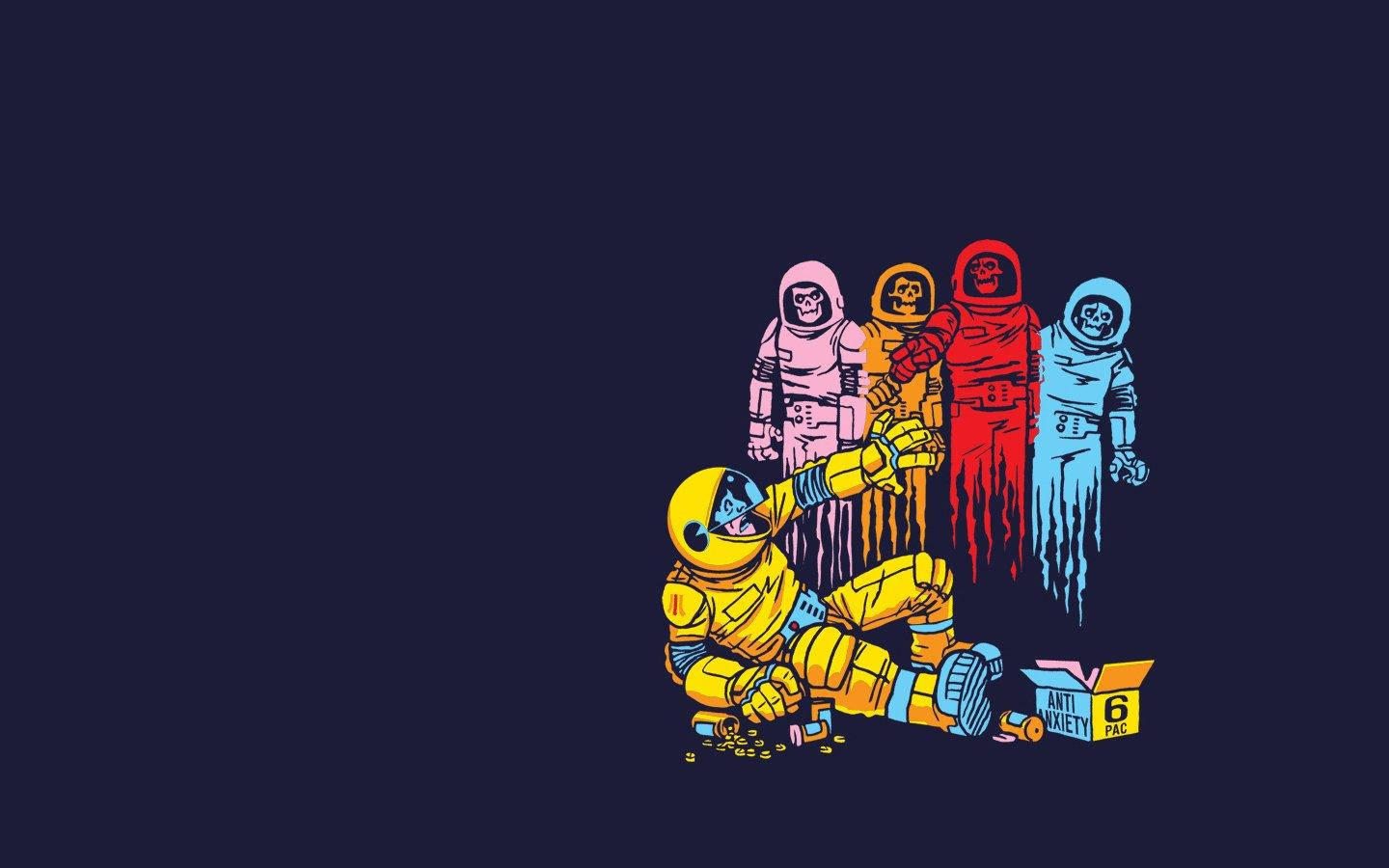 Pac Man, yellow astronaut, colorful skeletal astronauts, HD Desktop Wallpaper