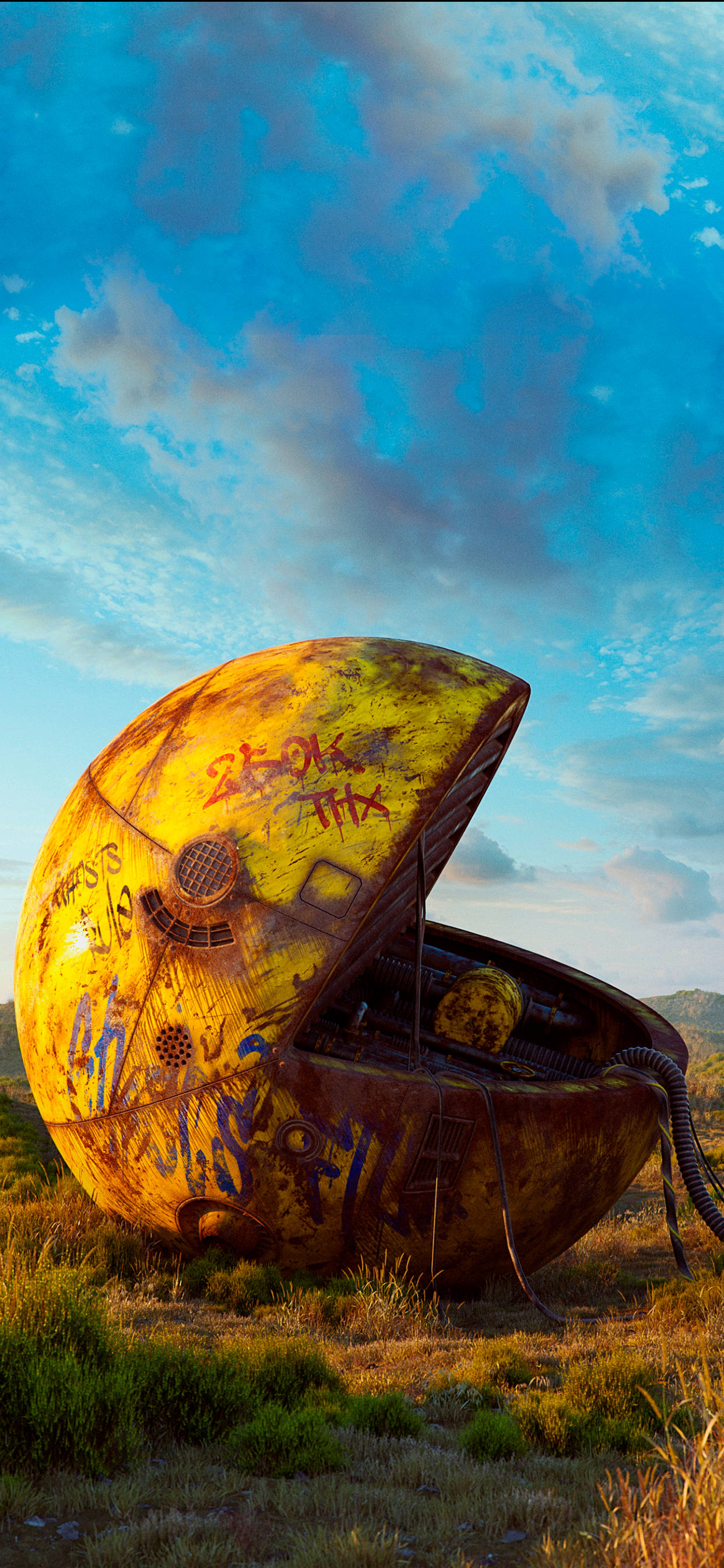 Pac-Man, rusted yellow, sculpture, 2K Phone Wallpaper
