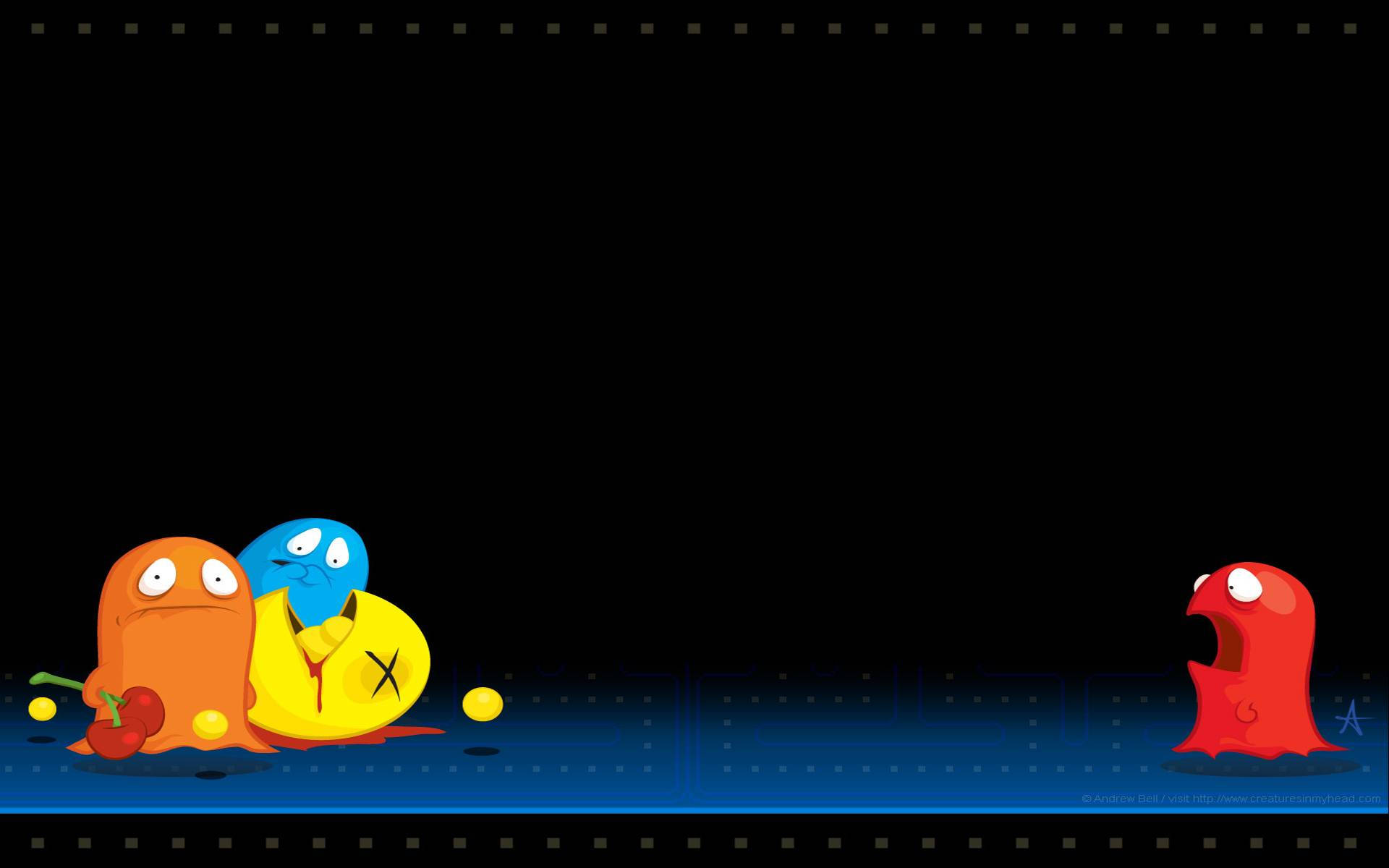 Pac-Man, ghost, glowing blue grid, Full HD Desktop Wallpaper