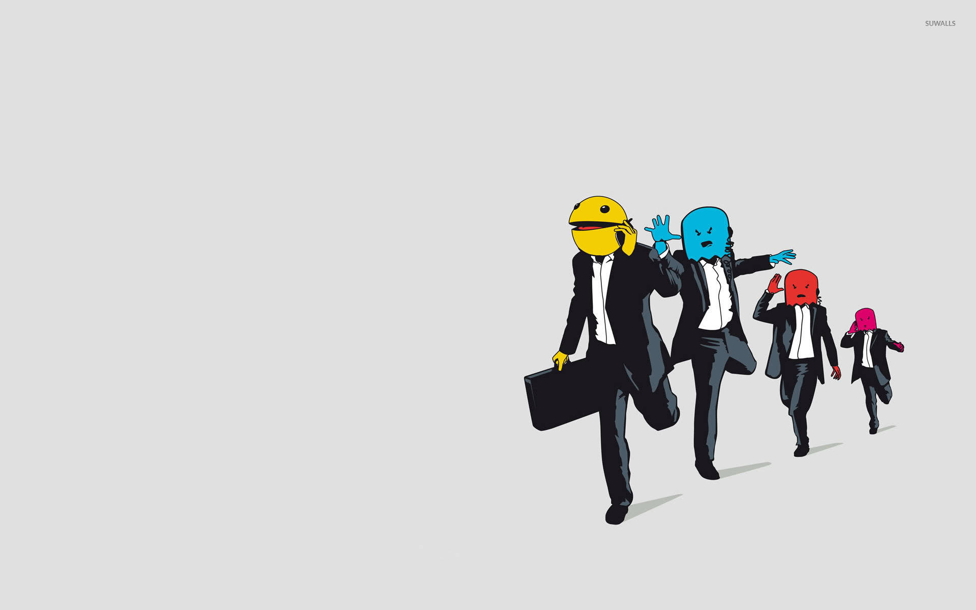 Pac-Man, business suits, plain gray background, Full HD Desktop Wallpaper