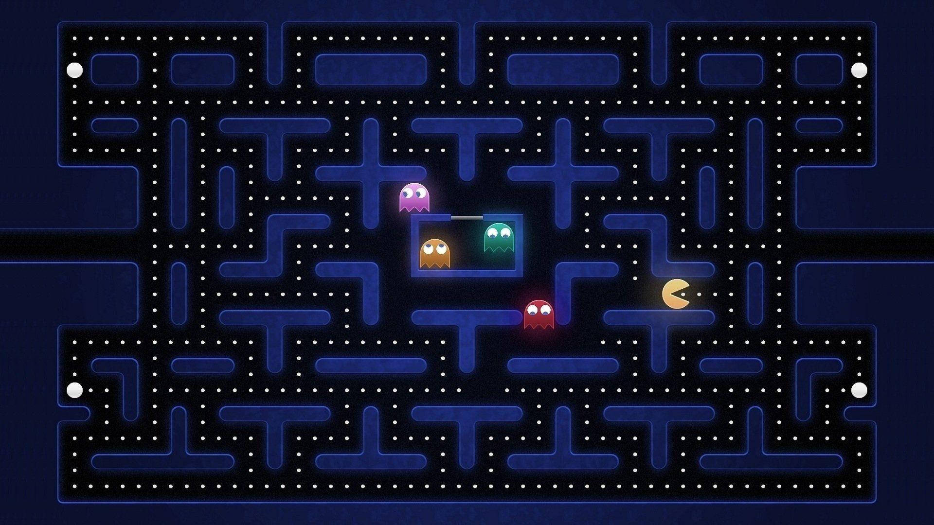 Pac Man, yellow pacman, glowing blue maze, Full HD Desktop Wallpaper