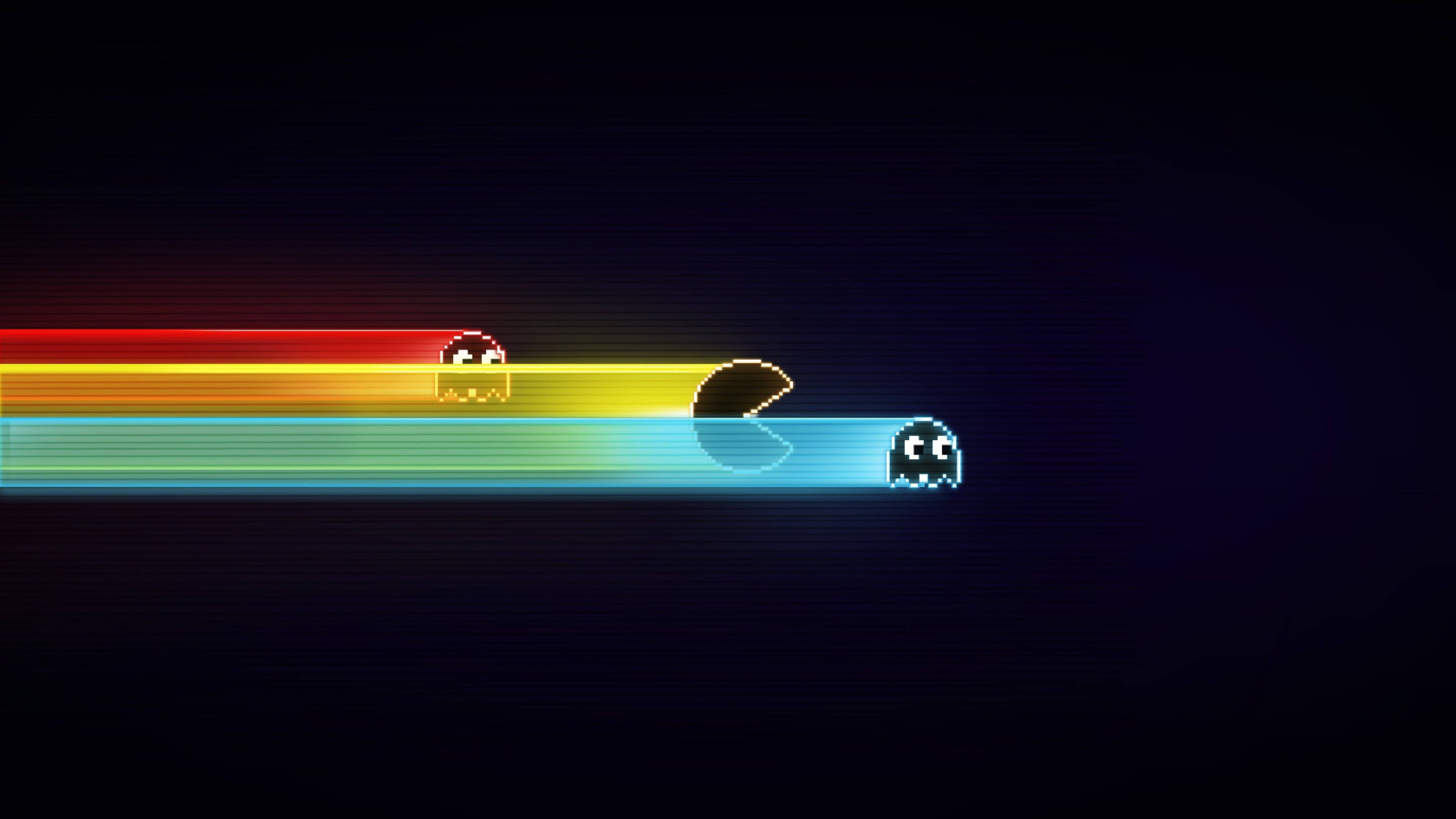 Pac-Man, ghosts, glowing rainbow trail, 5K Desktop Wallpaper
