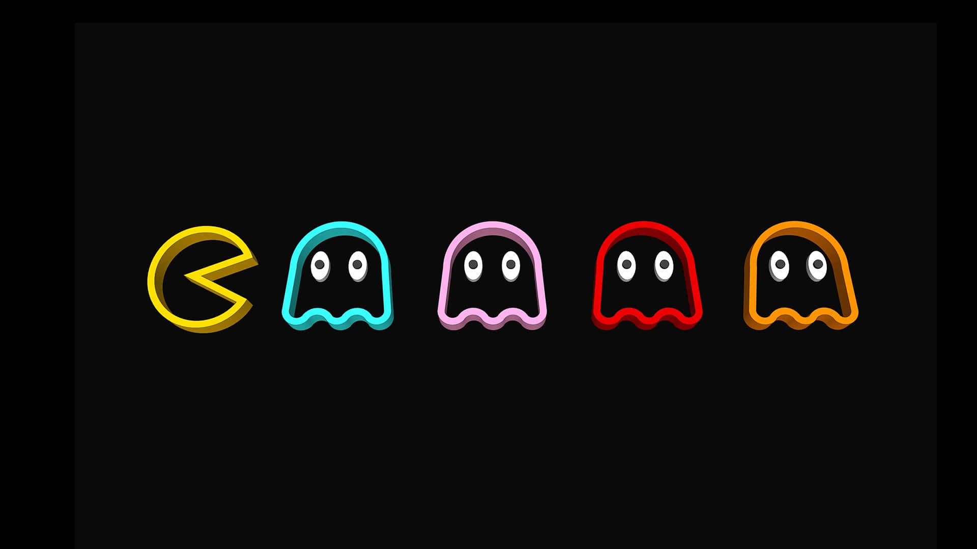 Pac-Man, black background, colorful ghosts, Full HD Desktop Wallpaper