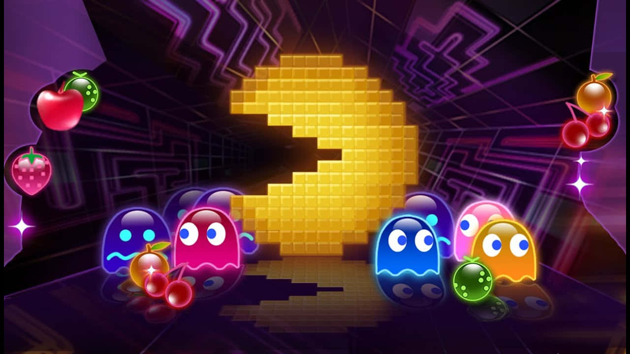 Pac-Man, neon-lit maze, glowing yellow, HD Desktop Wallpaper