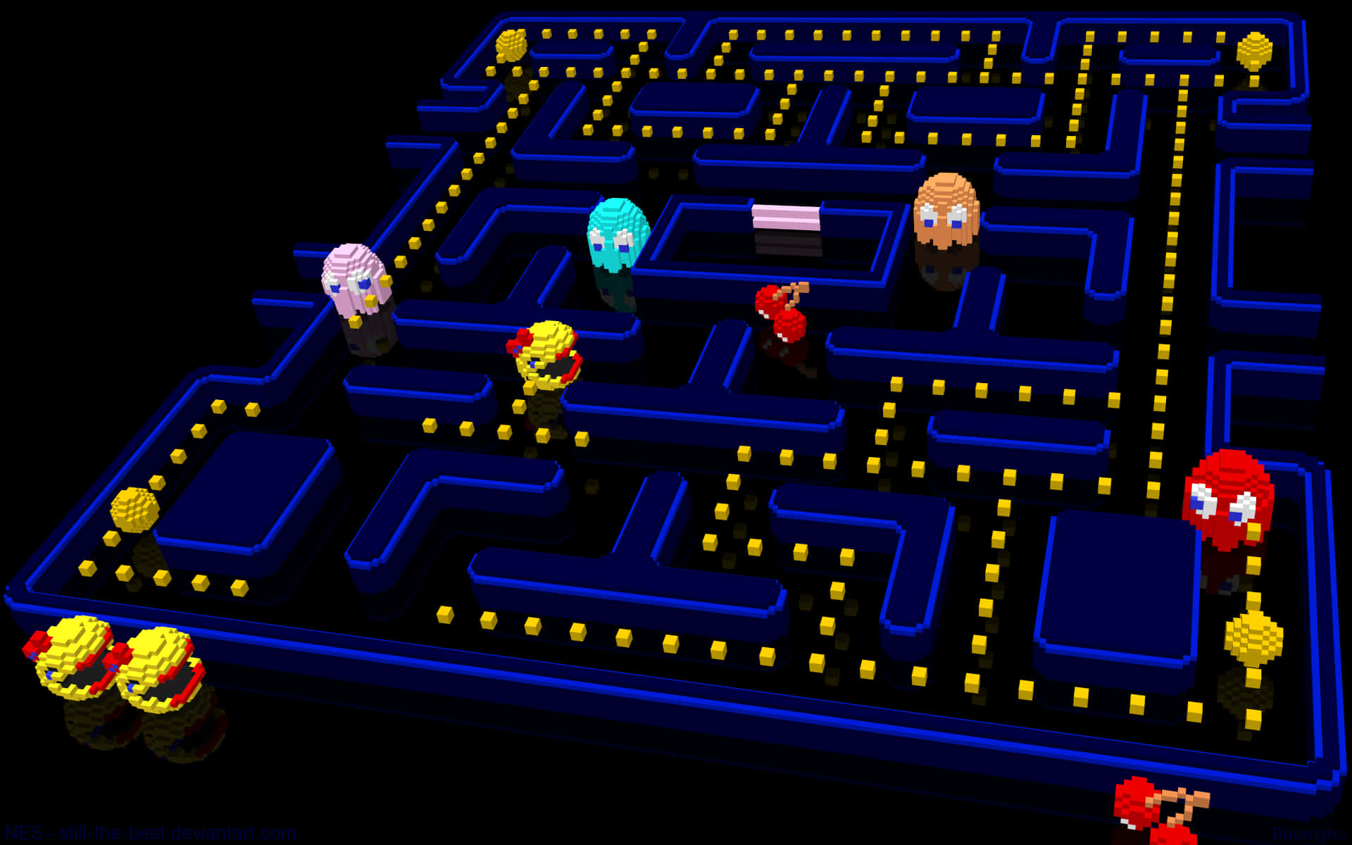 Pac man, 3D pixel-art, glowing yellow dots, Full HD Desktop Wallpaper