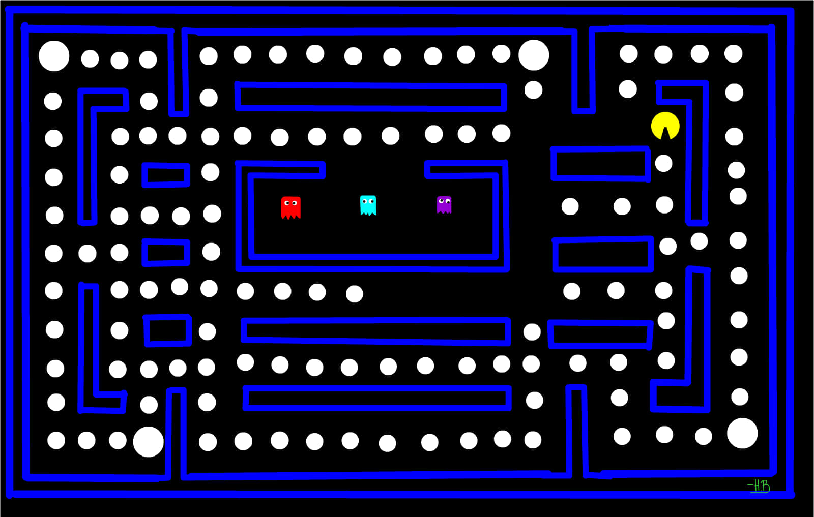 Pac-Man, blue background, white dots, HD Desktop Wallpaper