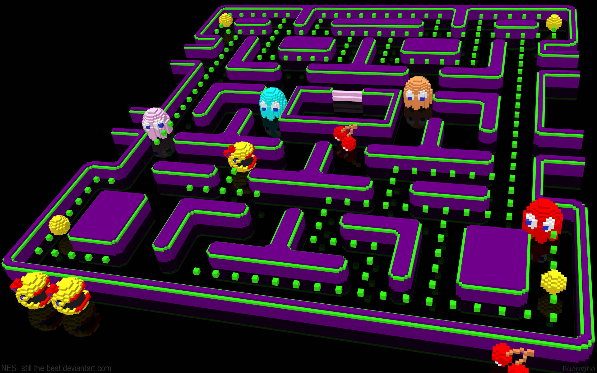 Pac Man, 3D-rendered, glowing green dots, Full HD Desktop Wallpaper