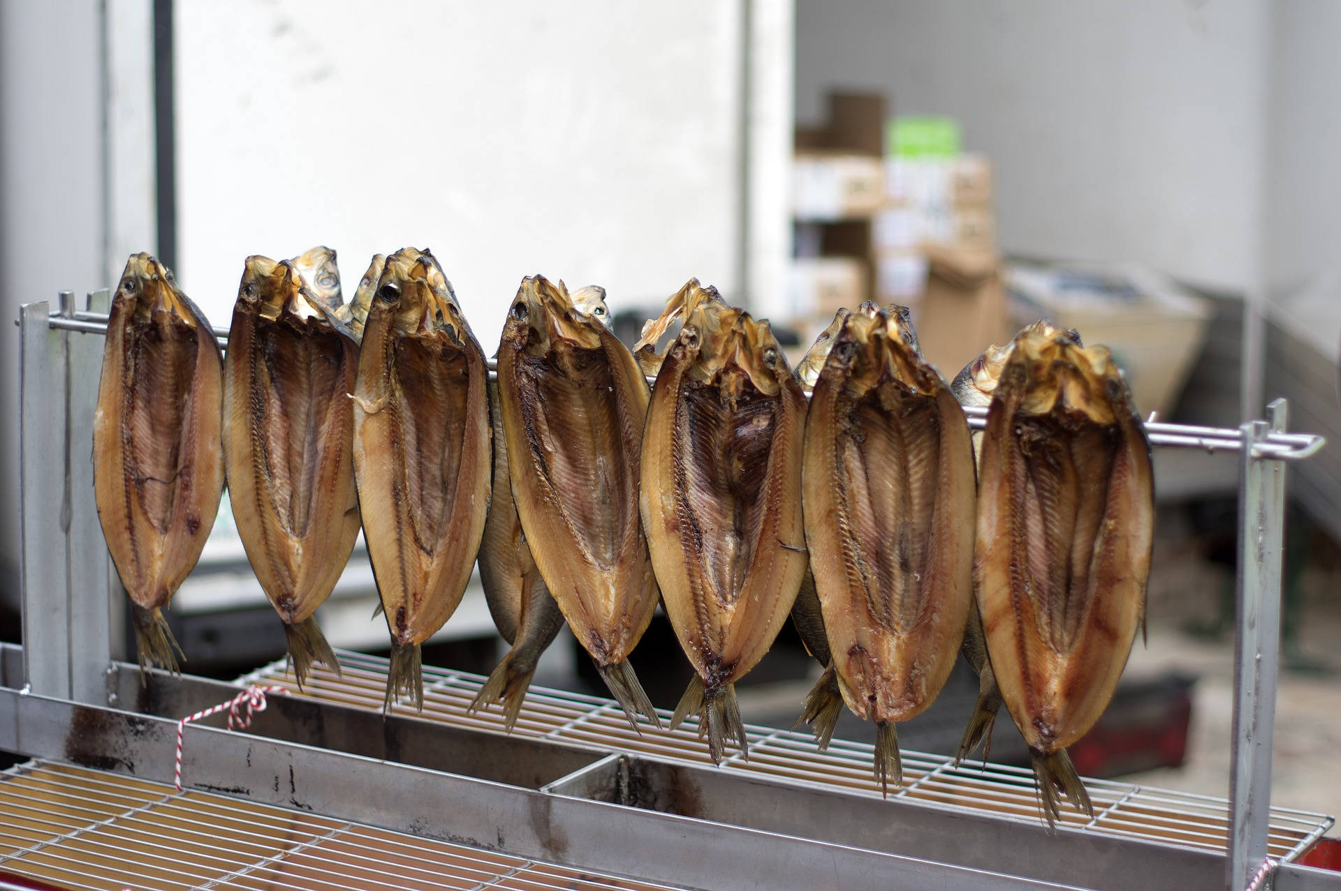 smoked boneless herring, metal rack, rustic processing room, Full HD Desktop Wallpaper