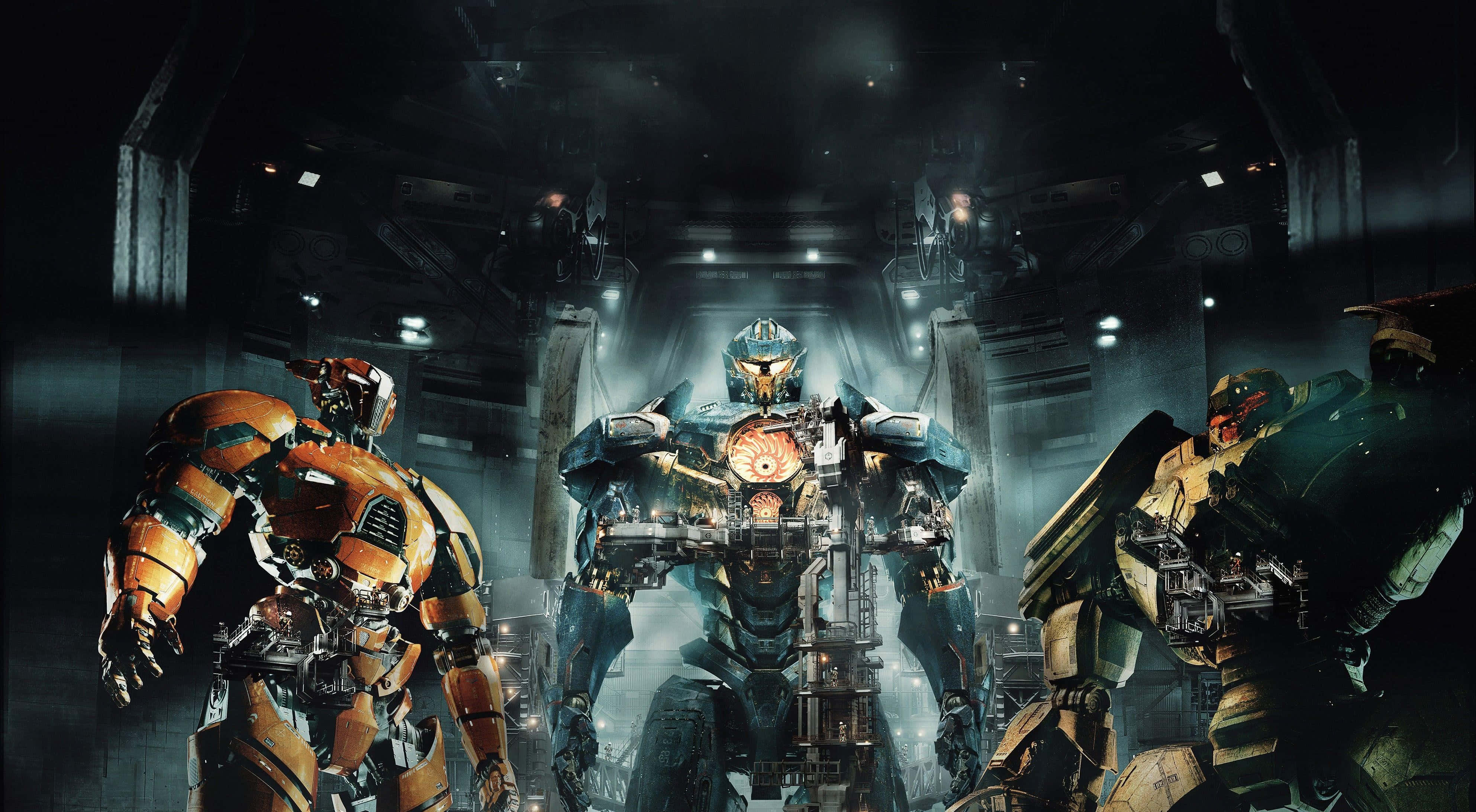 Pacific Rim Jaegers, dim industrial hangar, glowing cores, 4K Desktop Wallpaper