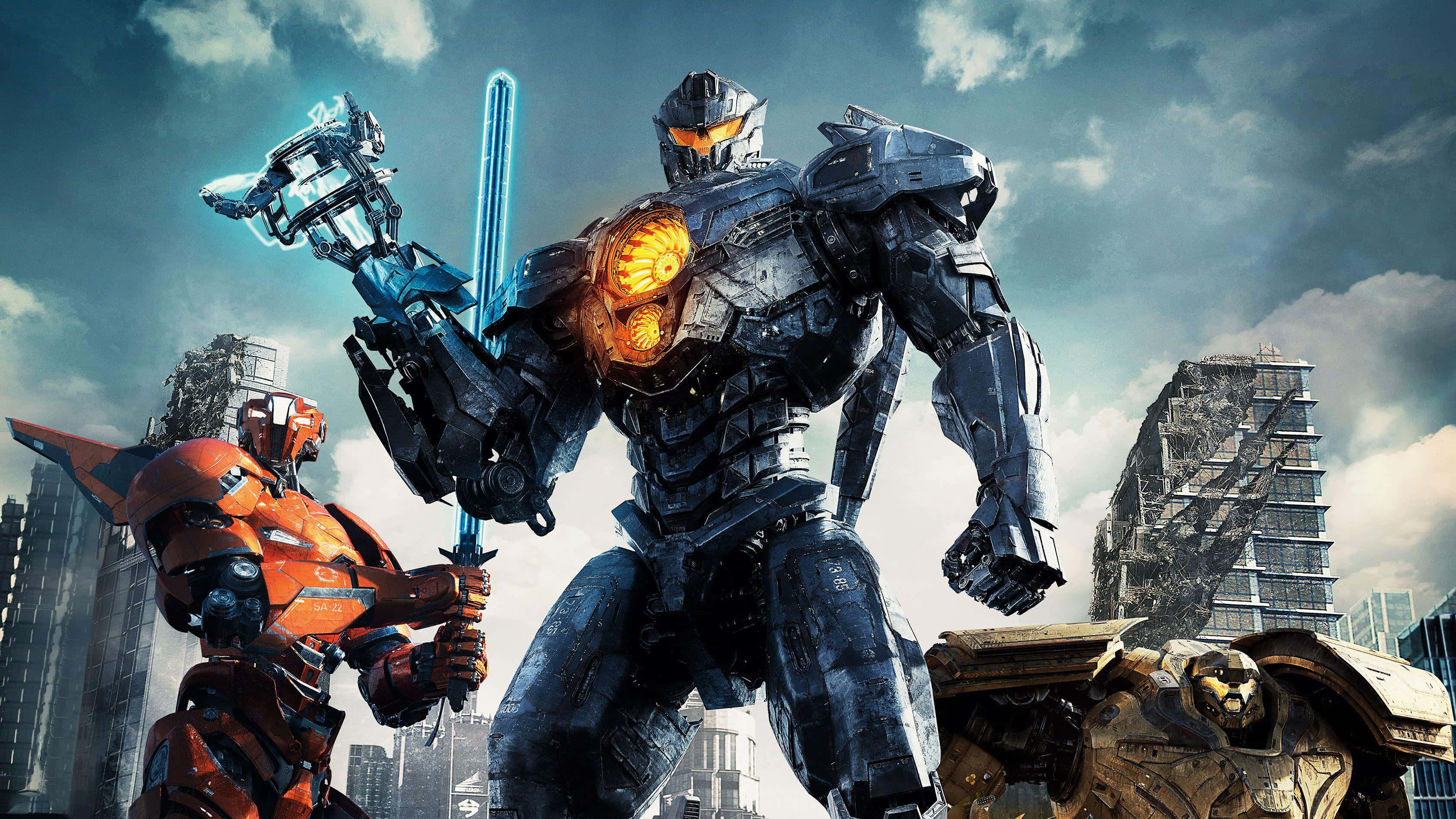 Pacific Rim Jaegers, stormy sky, ruined cityscape, 2K Desktop Wallpaper