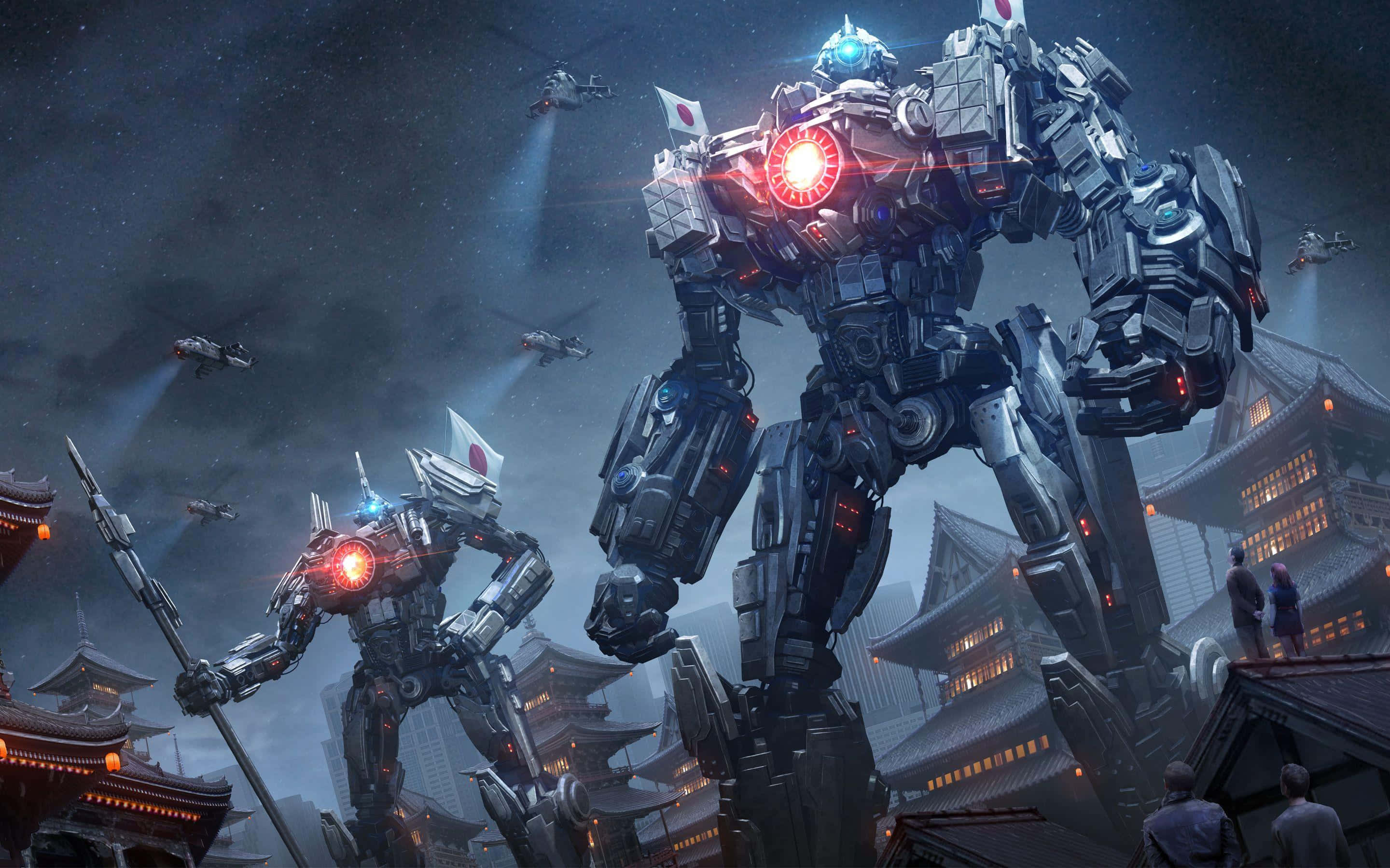Pacific Rim Jaegers, glowing red eyes, traditional Japanese architecture, 2K Desktop Wallpaper