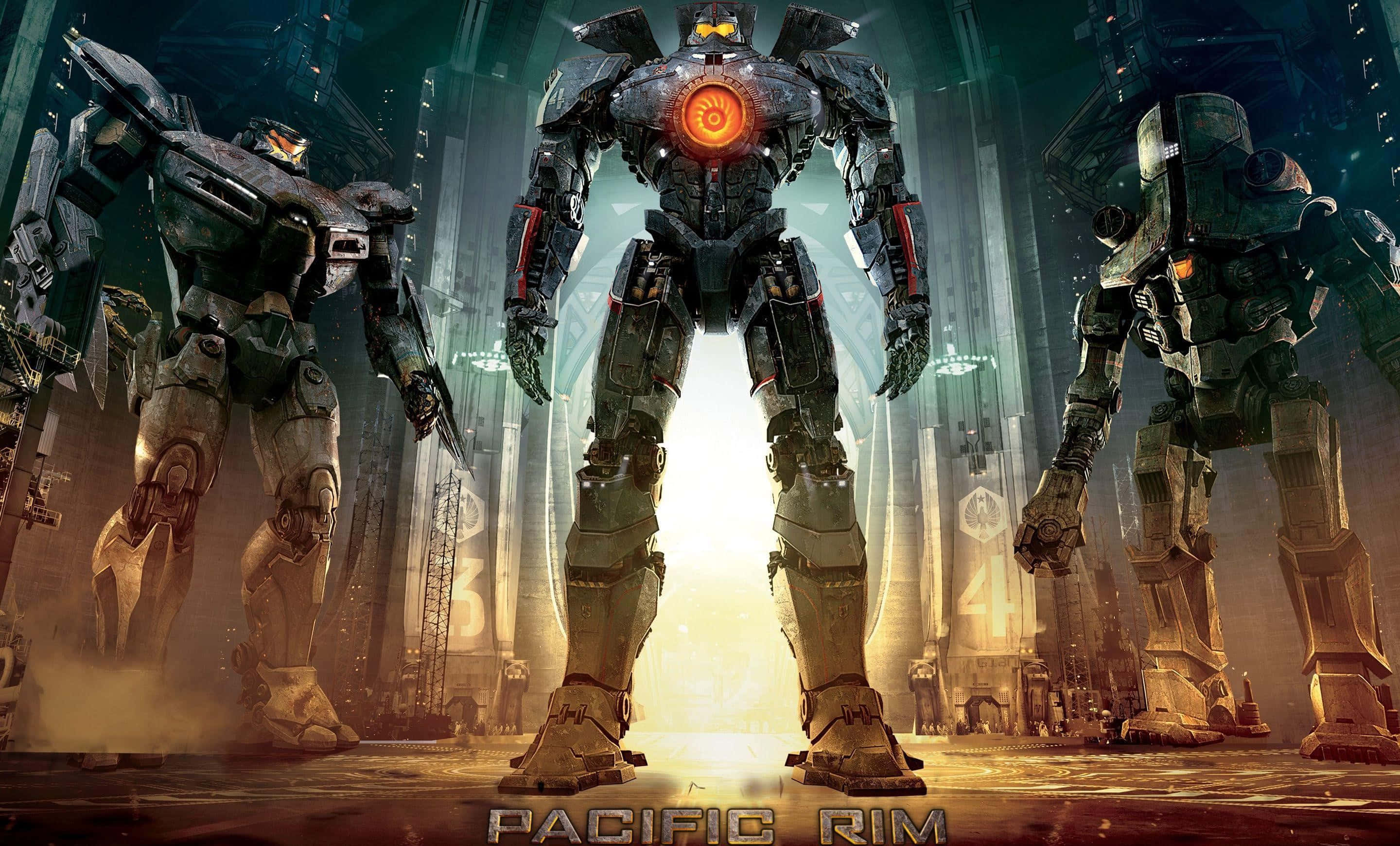 Pacific Rim Jaegers, biomechanical Jaeger robots, glowing cores, 2K Desktop Wallpaper